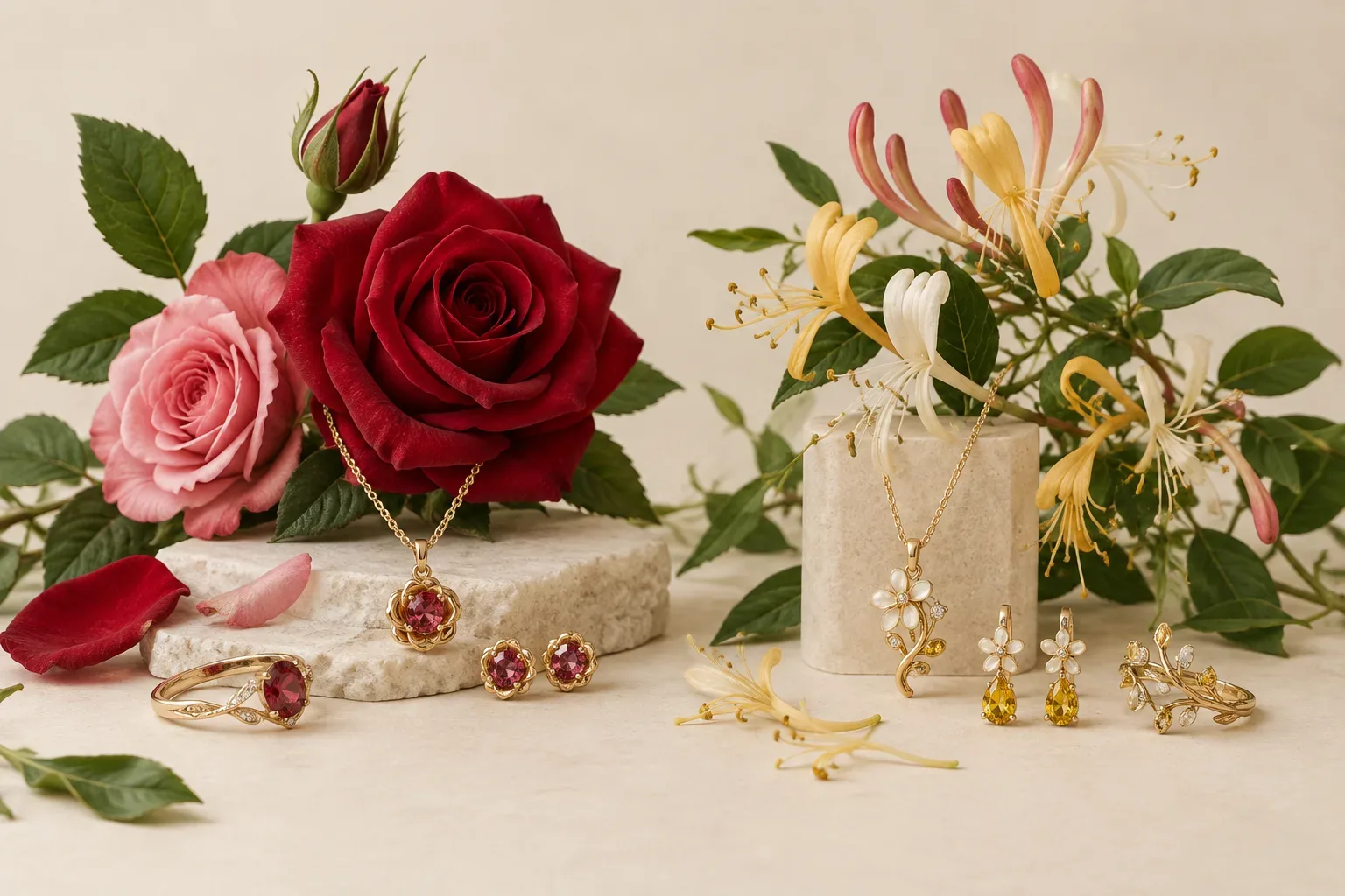 Editorial jewelry still life for June Birth Flower Meaning: Rose and Honeysuckle Jewelry