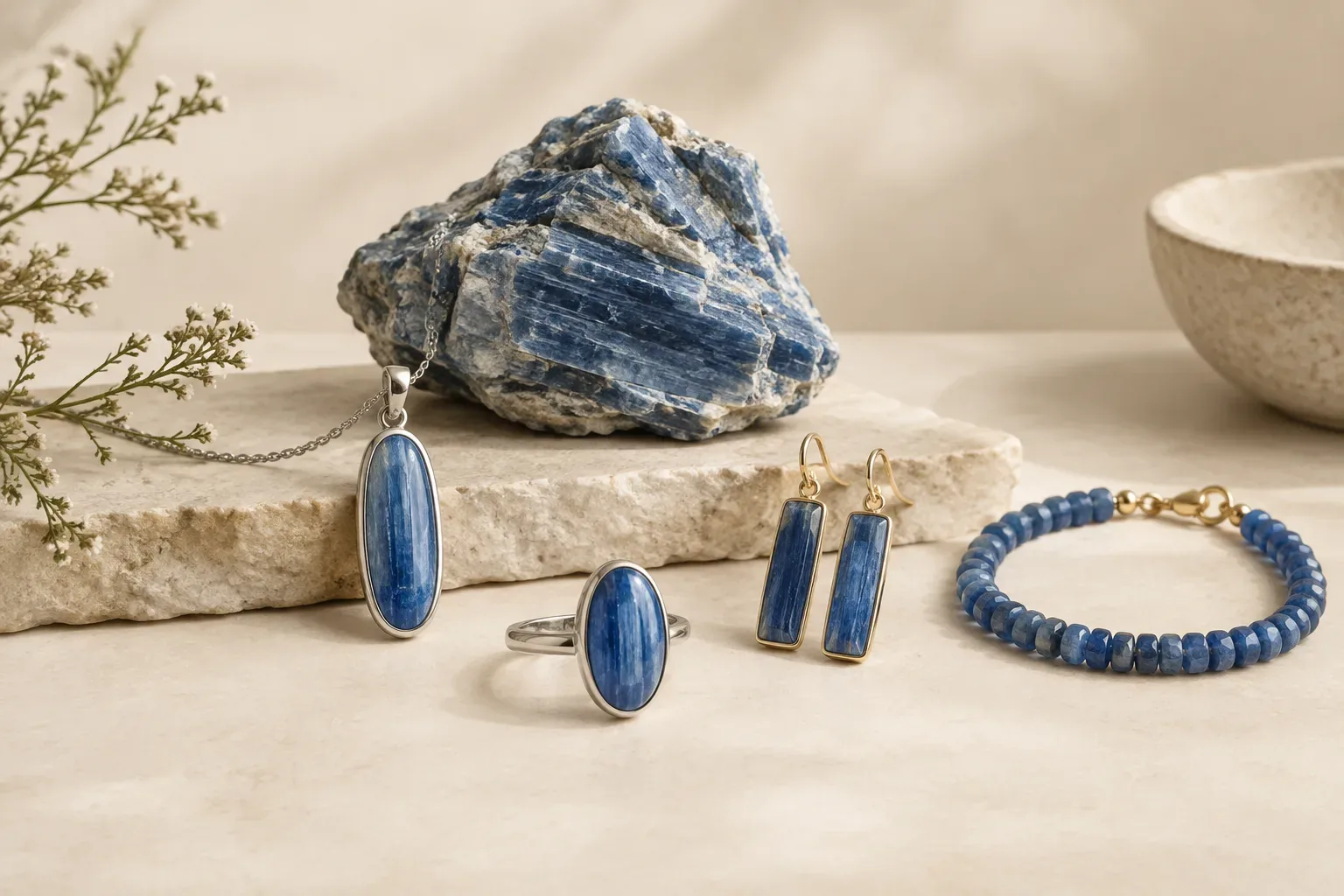 Editorial jewelry still life for Kyanite Jewelry Meaning: Color, Durability, Buying, and Care