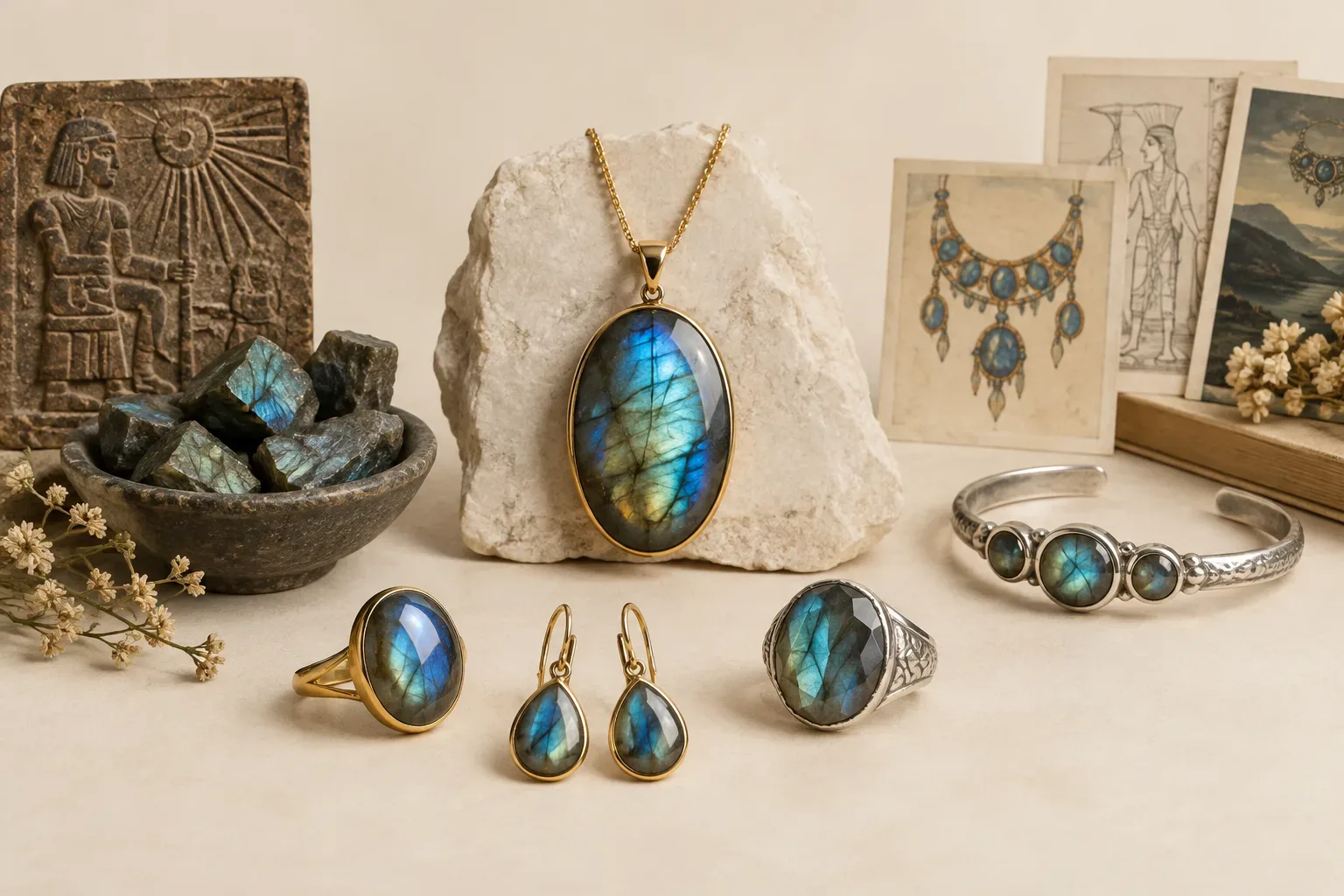 Editorial jewelry still life for Labradorite Cuts and Settings: Choosing Beauty and Durability