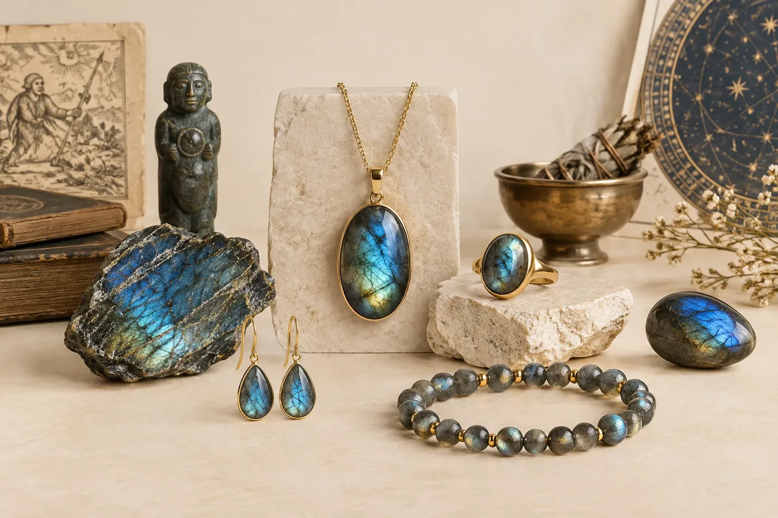 Editorial jewelry still life for Labradorite Quality and Value Factors: A Practical Buying Guide