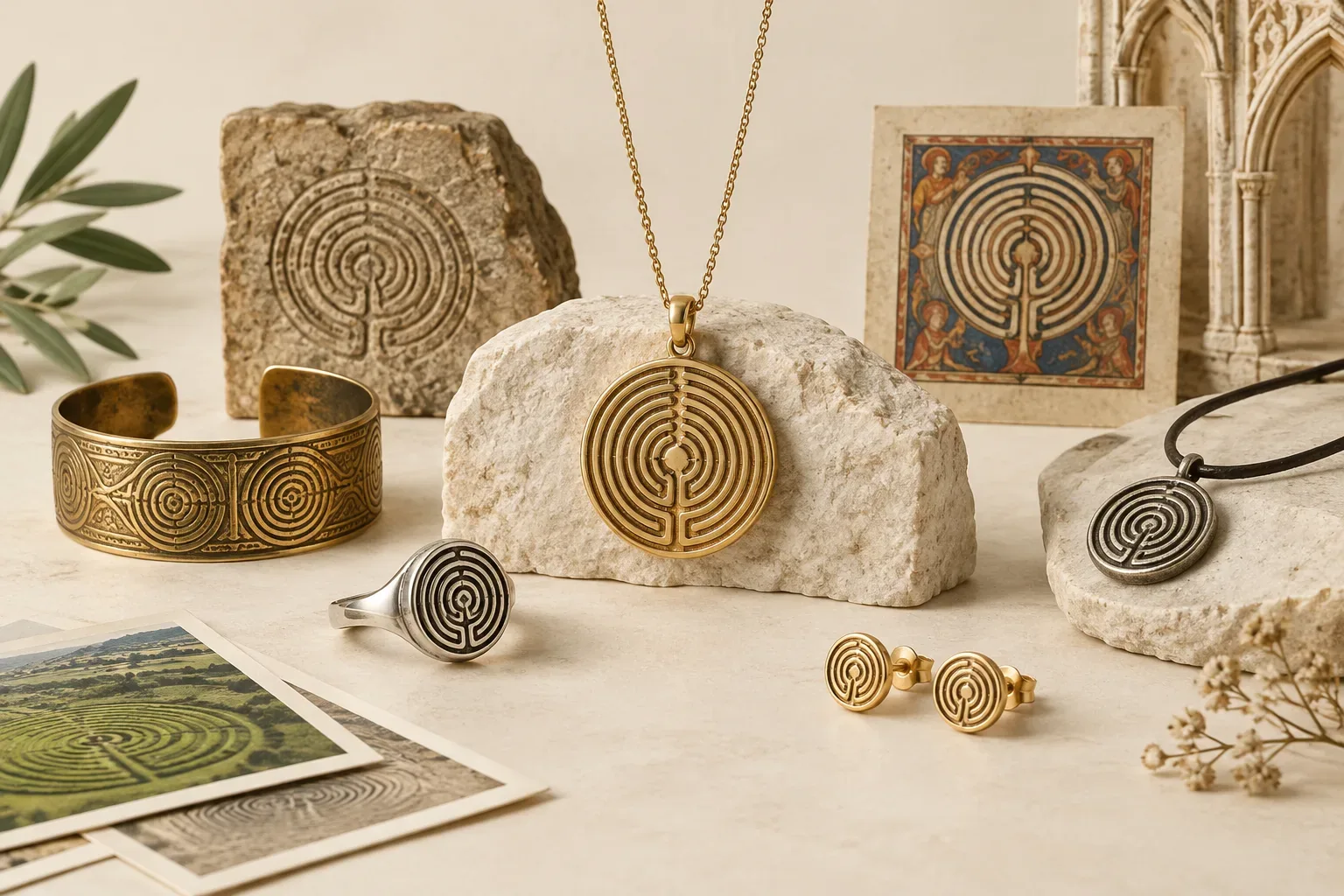 Editorial jewelry still life for Labyrinth Jewelry Meaning: History, Symbolism, and Modern Wear
