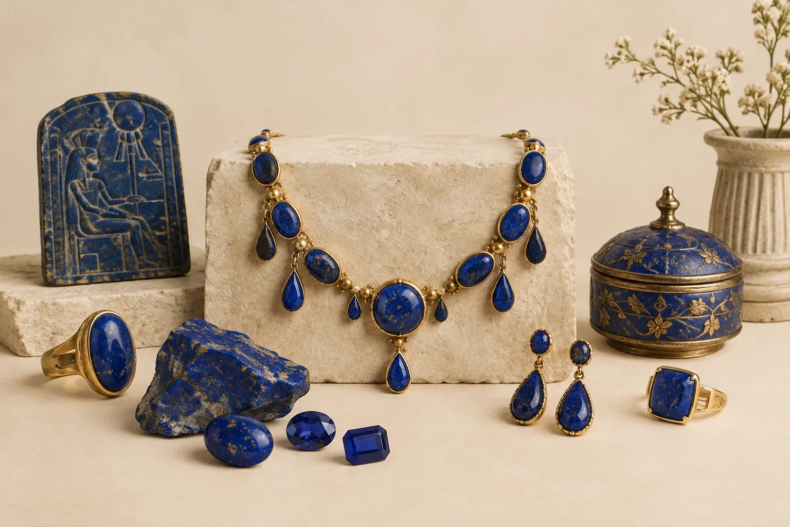 Editorial jewelry still life for Lapis Lazuli Cuts and Settings: Choosing Beauty and Durability