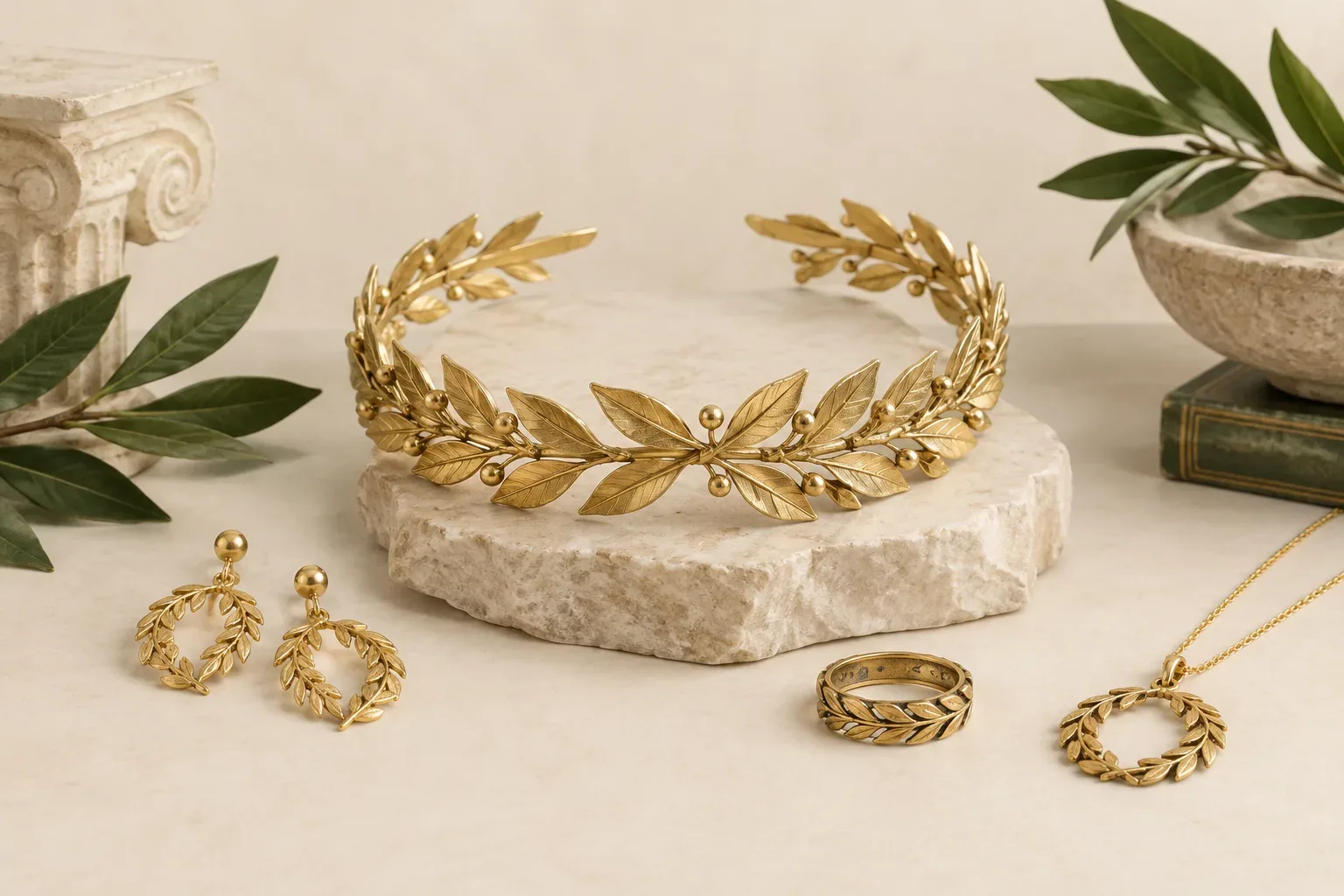 Editorial jewelry still life for Laurel Wreath Jewelry Meaning: History, Symbolism, and Modern Wear
