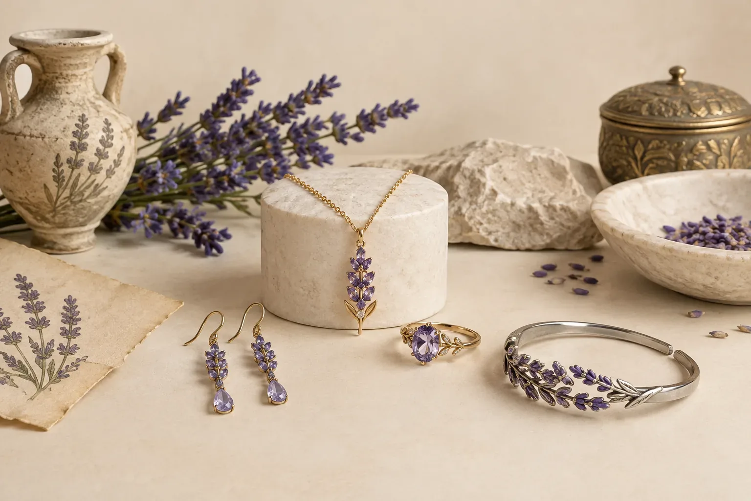 Editorial jewelry still life for Lavender Jewelry Meaning: History, Symbolism, and Modern Wear
