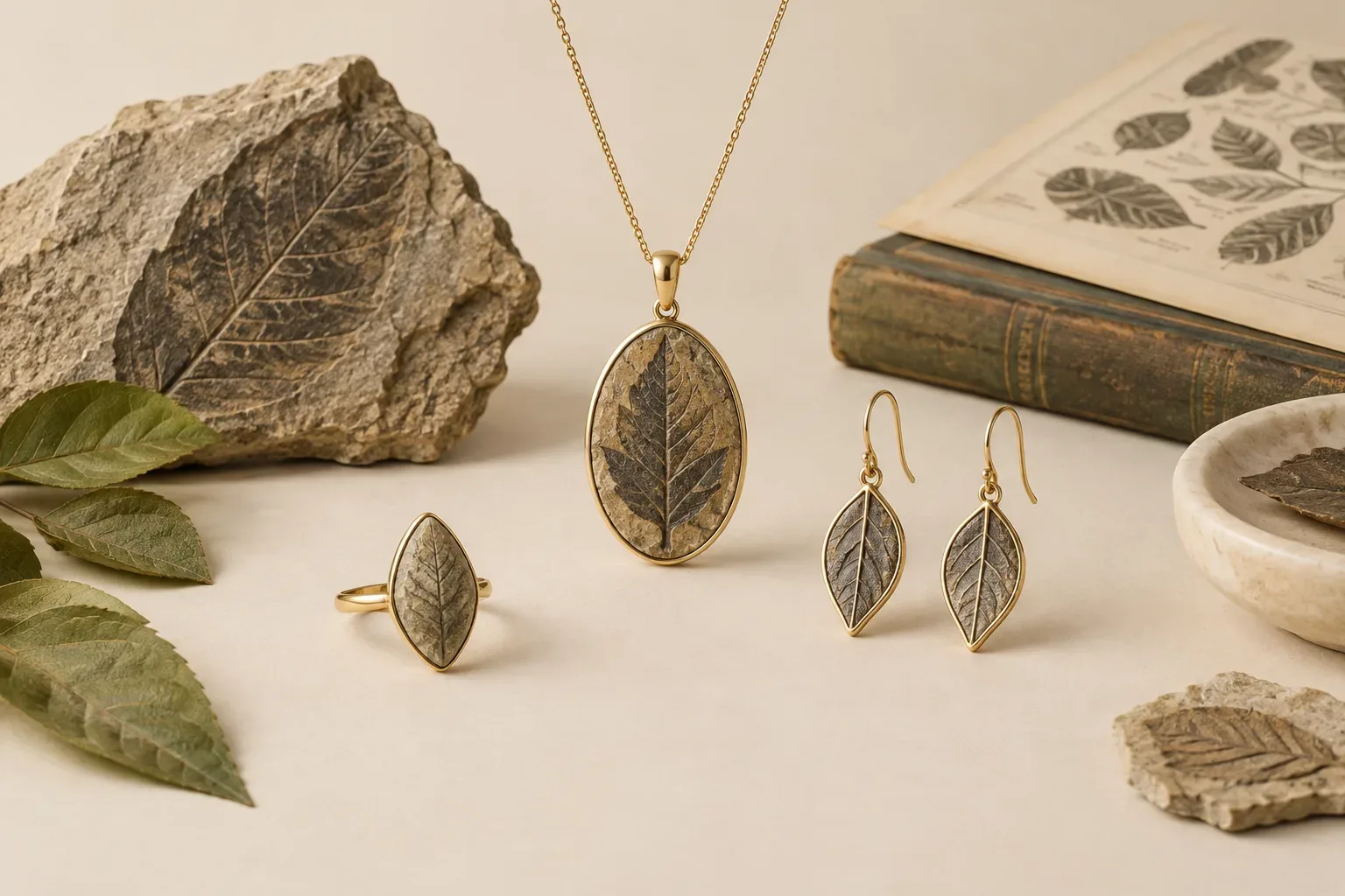 Editorial jewelry still life for Leaf Fossil Jewelry Buying Guide: Authenticity, Treatment, and Care