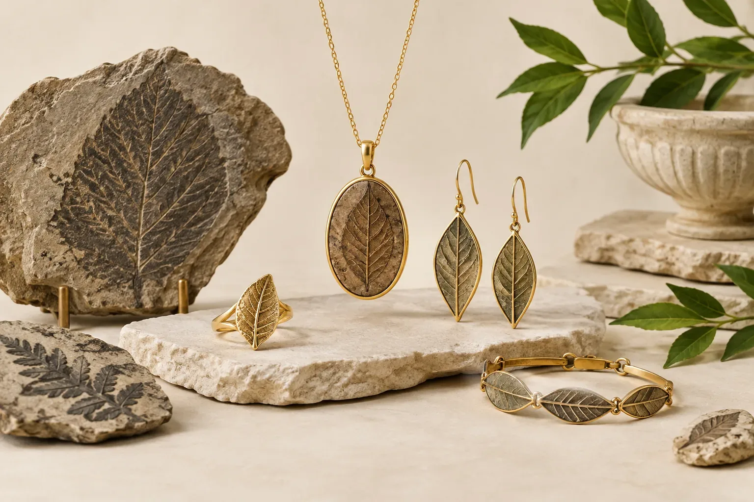 Editorial jewelry still life for Leaf Fossil Jewelry Guide: Natural History, Meaning, and Responsible Wear