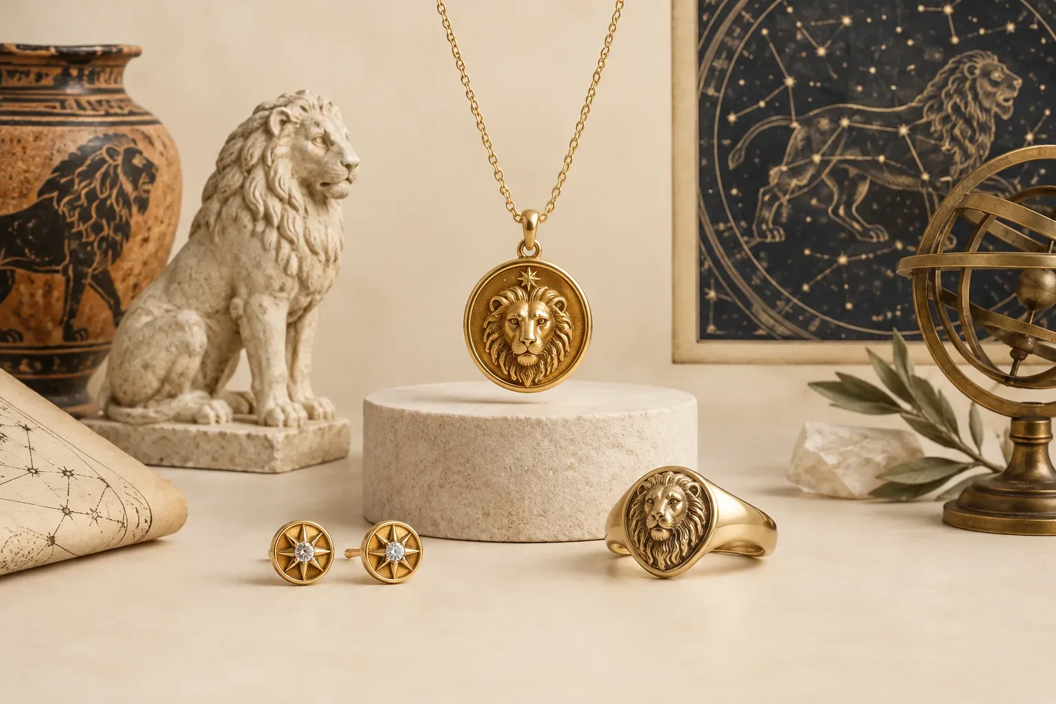 Editorial jewelry still life for Leo Zodiac Jewelry Meaning: History, Astronomy, and Modern Symbolism