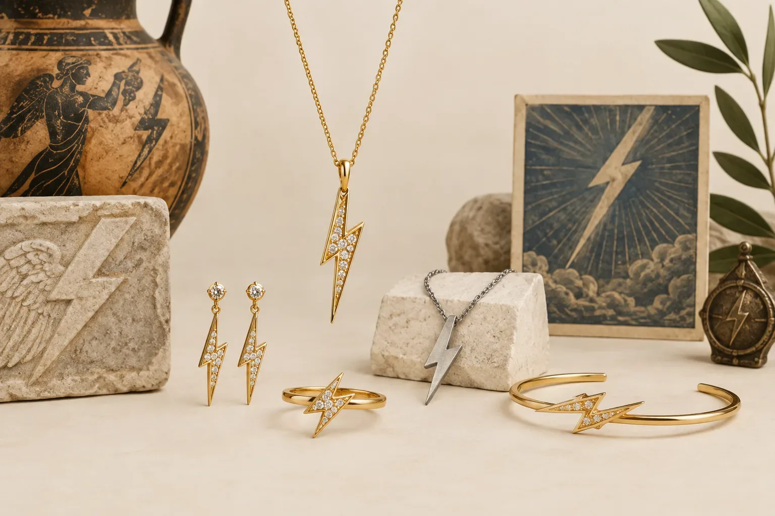Editorial jewelry still life for Lightning Bolt Jewelry Meaning: History, Symbolism, and Modern Wear