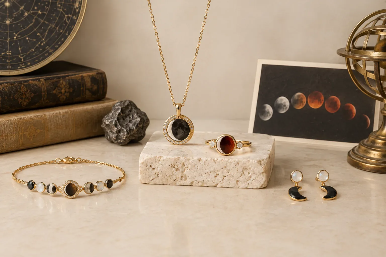 Editorial jewelry still life for Lunar Eclipse Jewelry Meaning: History, Astronomy, and Modern Symbolism