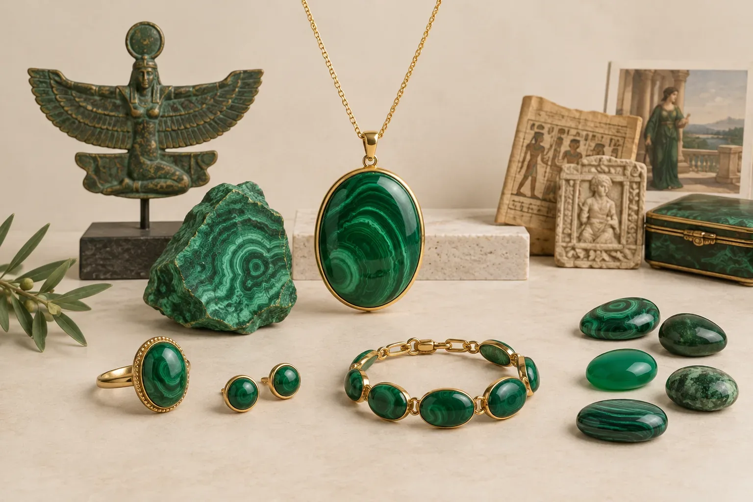 Editorial jewelry still life for Malachite Treatments and Imitations: What Buyers Should Ask