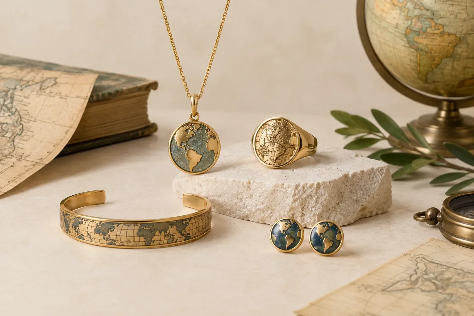 Editorial jewelry still life for Map Jewelry Meaning: History, Symbolism, and Modern Wear