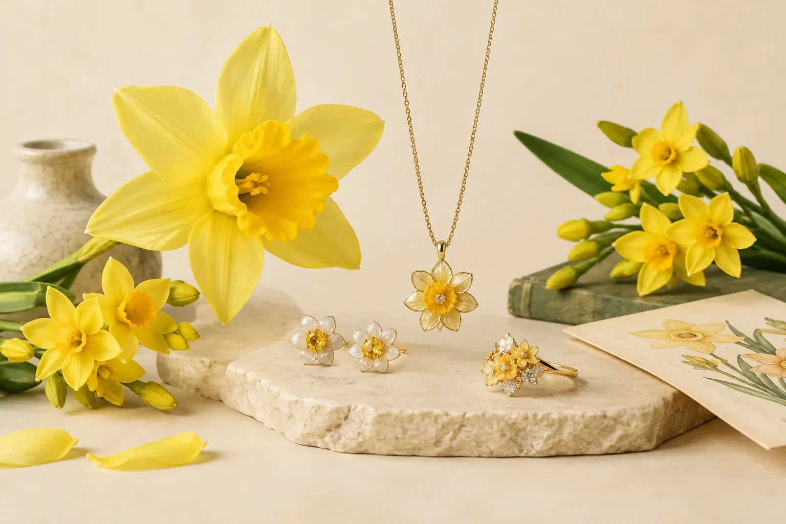 Editorial jewelry still life for March Birth Flower Meaning: Daffodil and Jonquil Jewelry