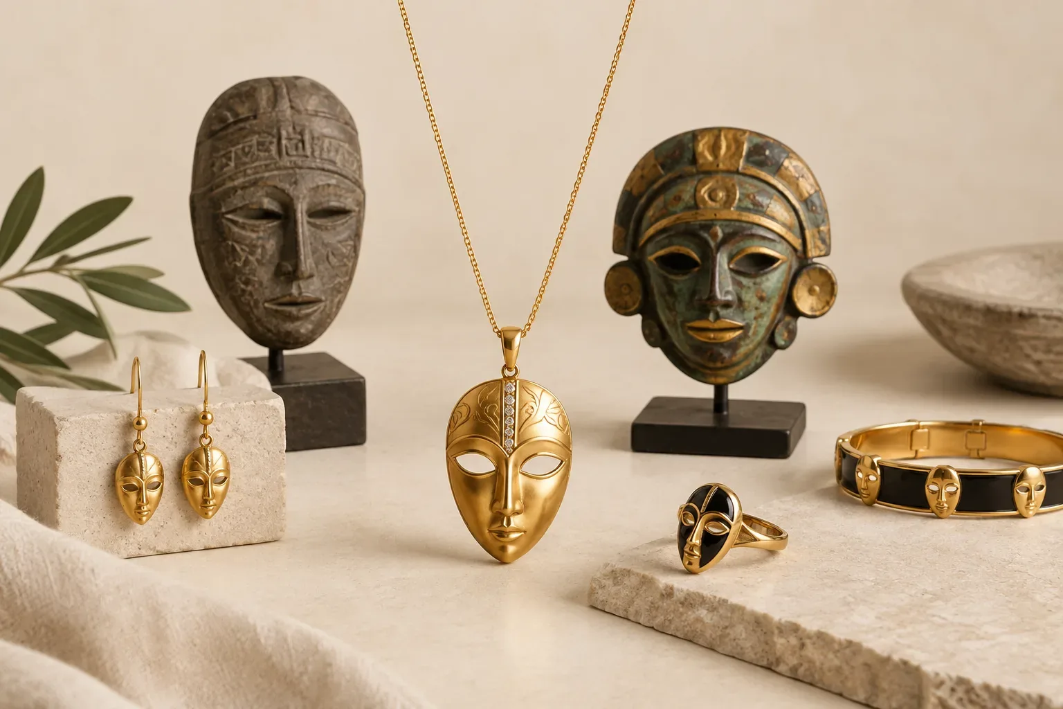 Editorial jewelry still life for Mask Jewelry Meaning: History, Symbolism, and Modern Wear