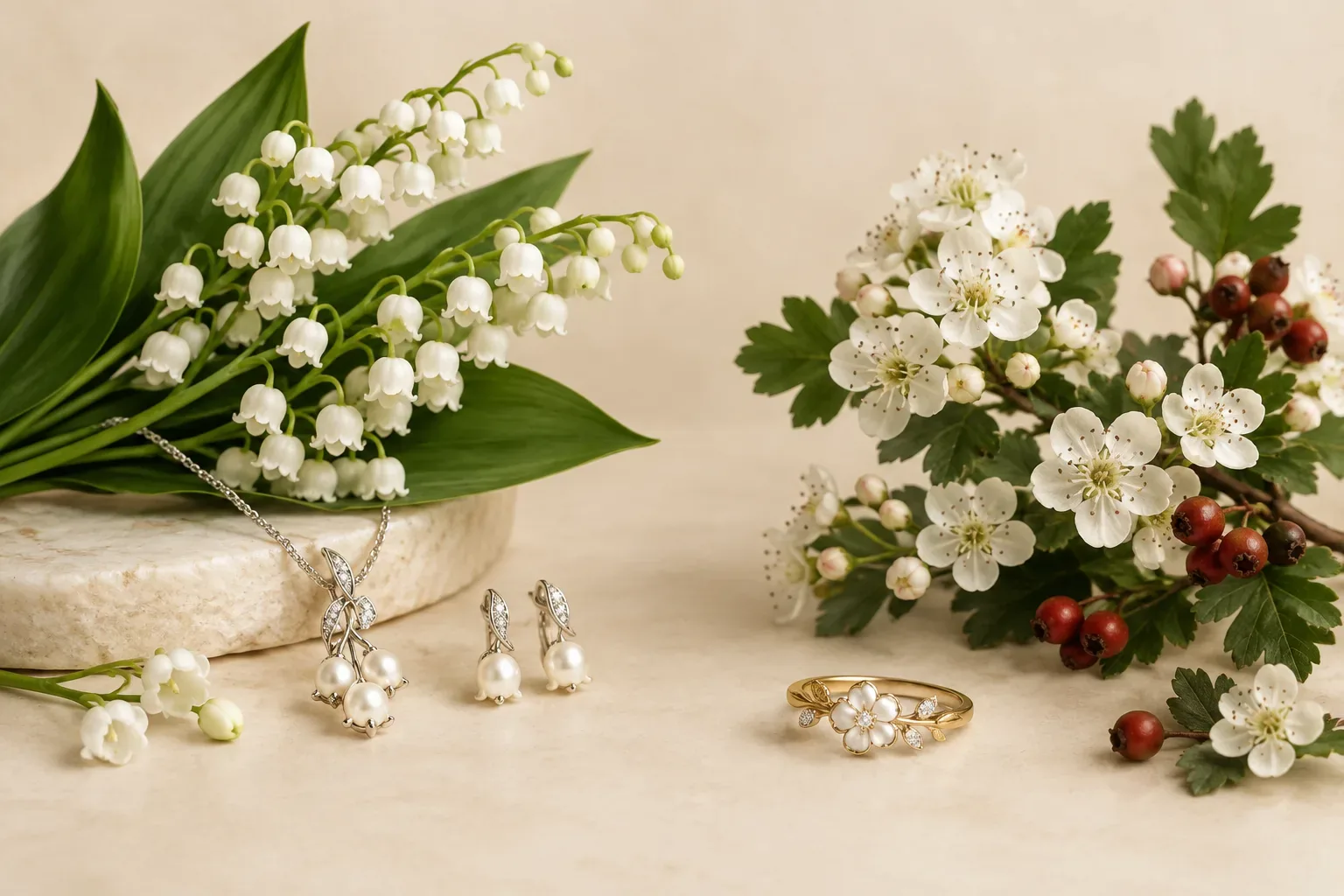 Editorial jewelry still life for May Birth Flower Meaning: Lily of the Valley and Hawthorn Jewelry
