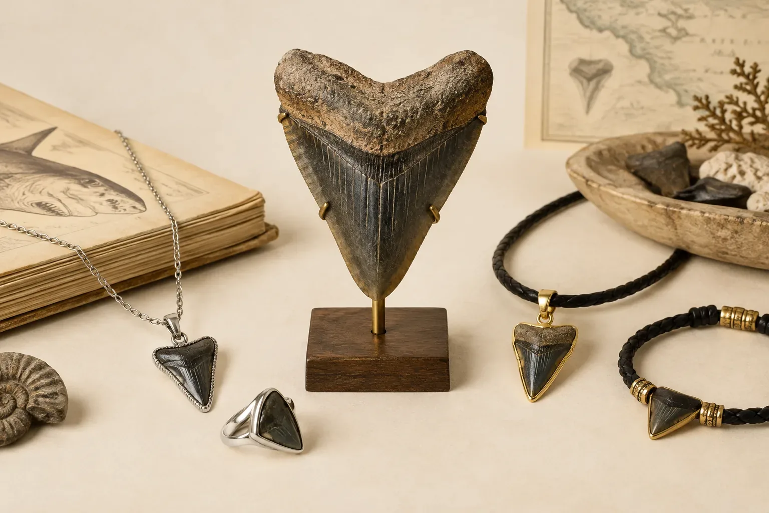 Editorial jewelry still life for Megalodon Tooth Jewelry Buying Guide: Authenticity, Treatment, and Care