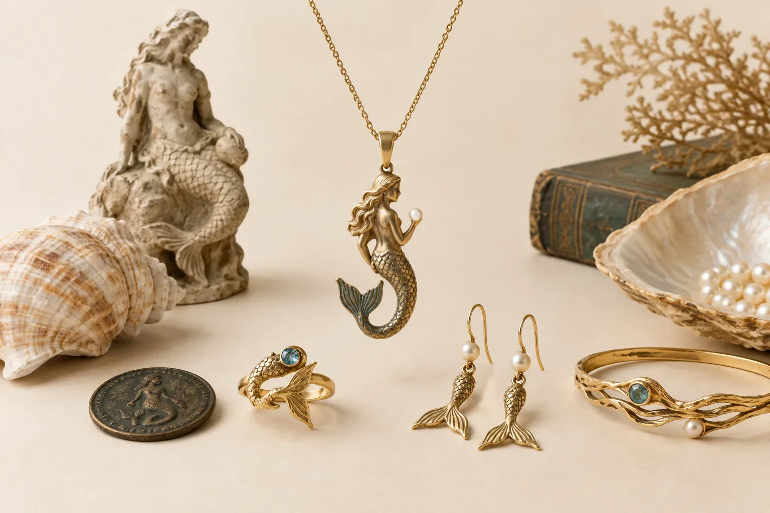 Editorial jewelry still life for Mermaid Jewelry Meaning: History, Symbolism, and Modern Wear
