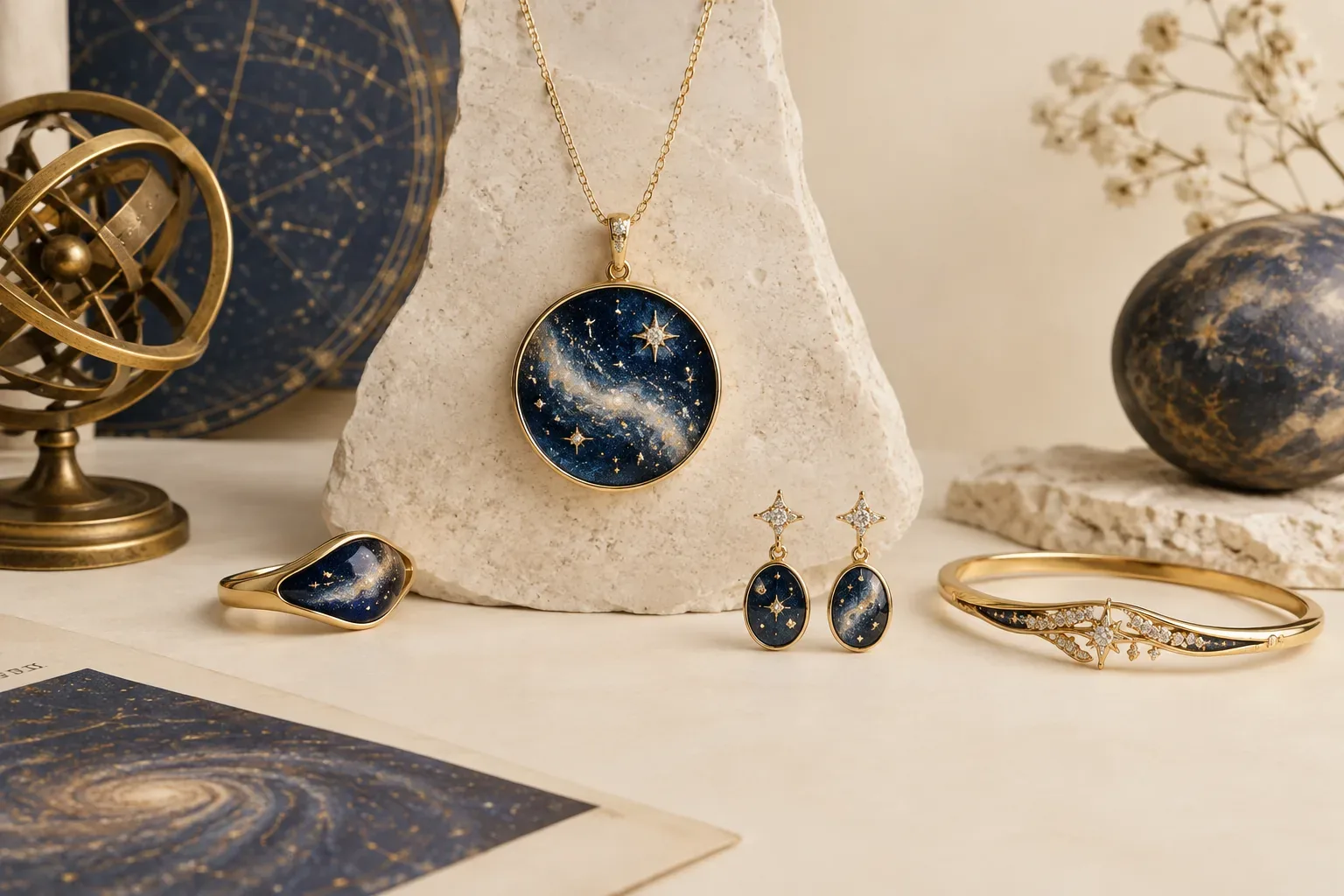 Editorial jewelry still life for Milky Way Jewelry Meaning: History, Astronomy, and Modern Symbolism