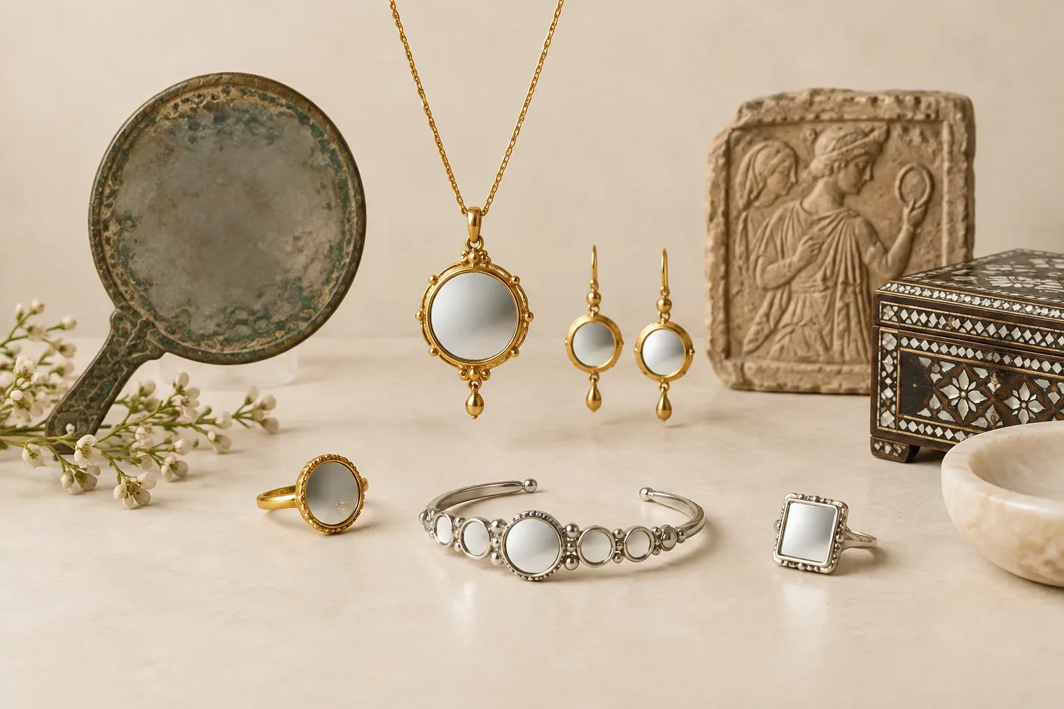 Editorial jewelry still life for Mirror Jewelry Meaning: History, Symbolism, and Modern Wear