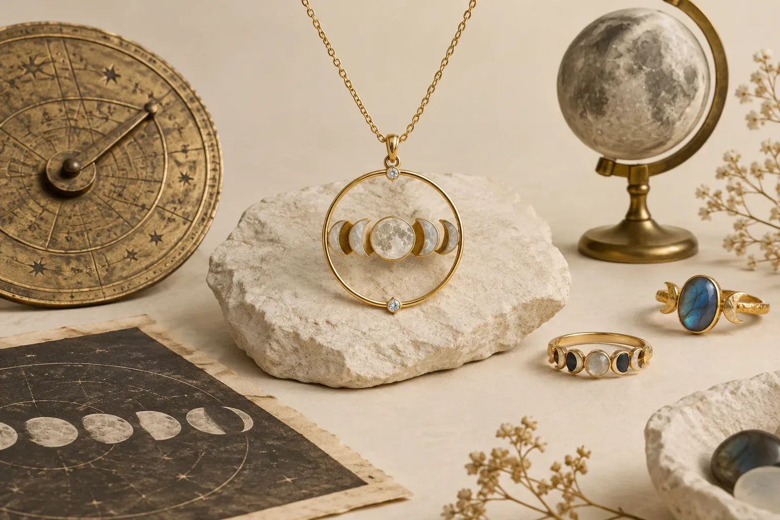 Editorial jewelry still life for Moon Phases Jewelry Meaning: History, Astronomy, and Modern Symbolism