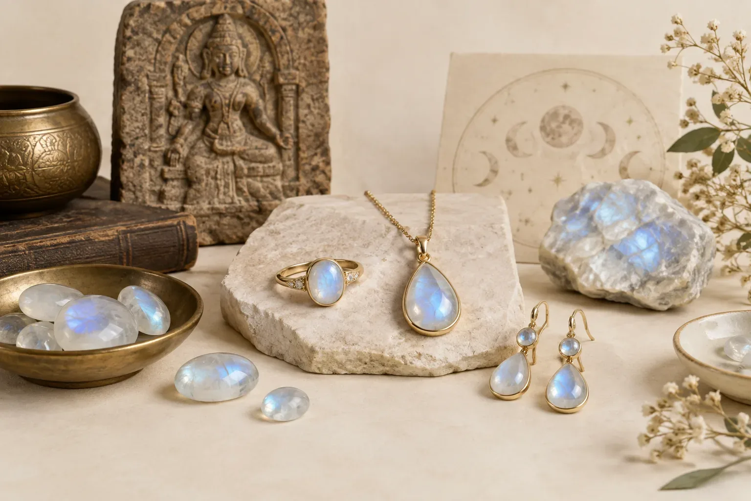 Editorial jewelry still life for Moonstone Quality and Value Factors: A Practical Buying Guide