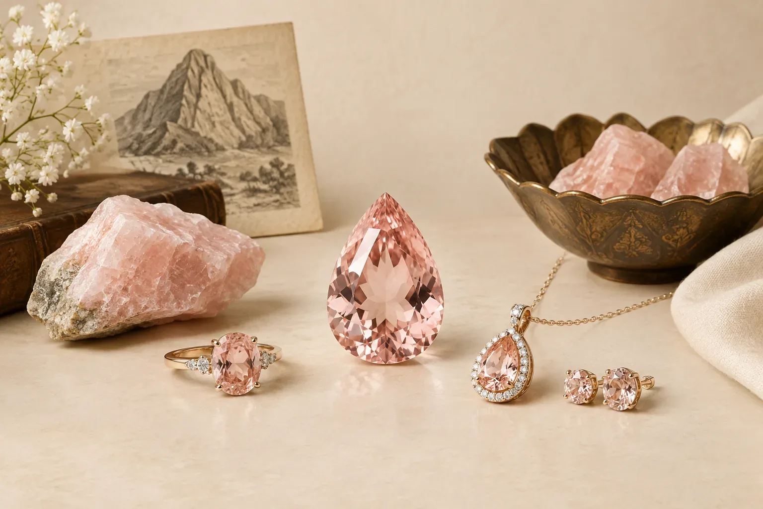 Editorial jewelry still life for Morganite Quality and Value Factors: A Practical Buying Guide