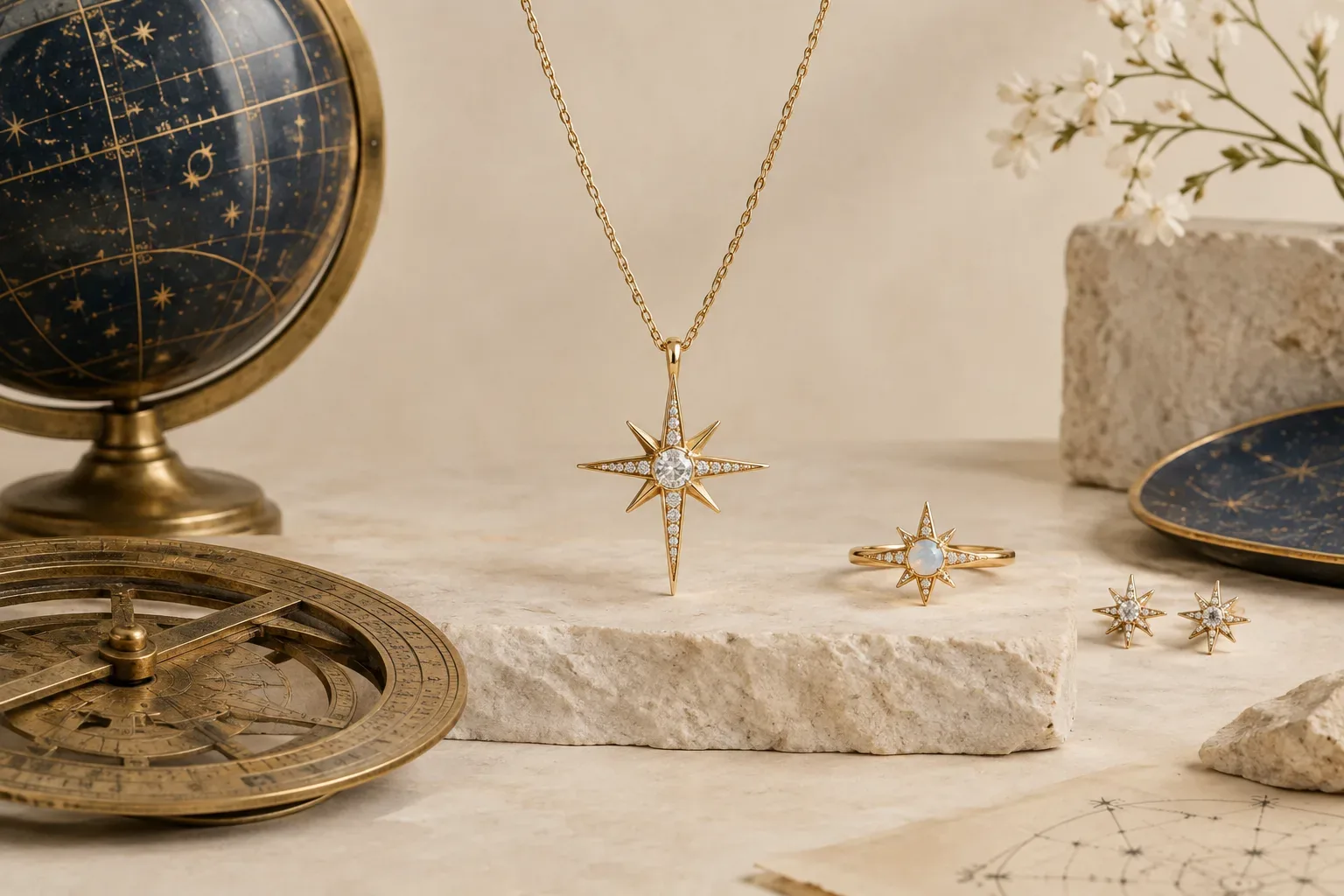Editorial jewelry still life for Morning Star Jewelry Meaning: History, Astronomy, and Modern Symbolism