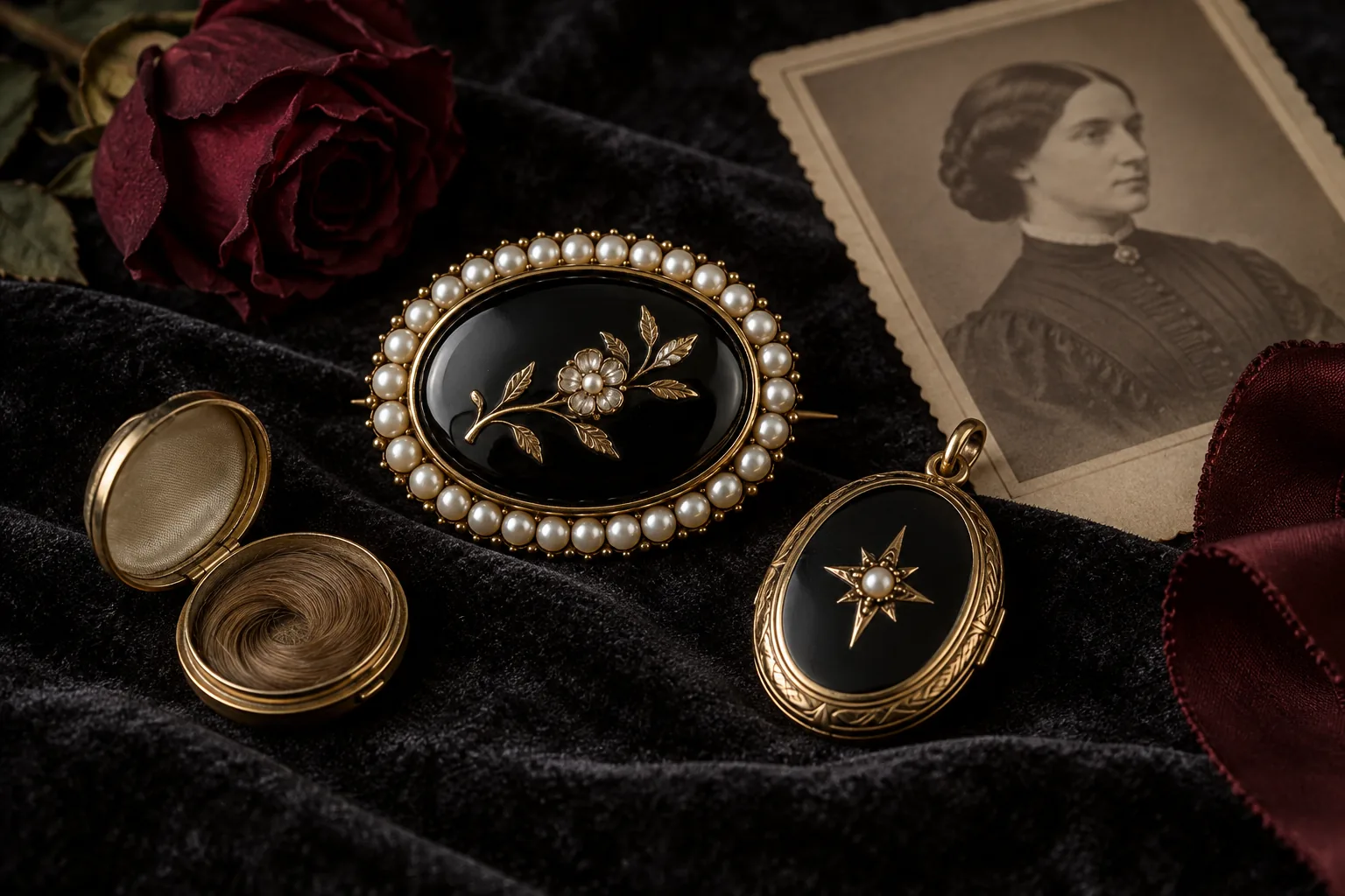 Antique black enamel mourning brooch pearls and memorial locket arranged on dark velvet