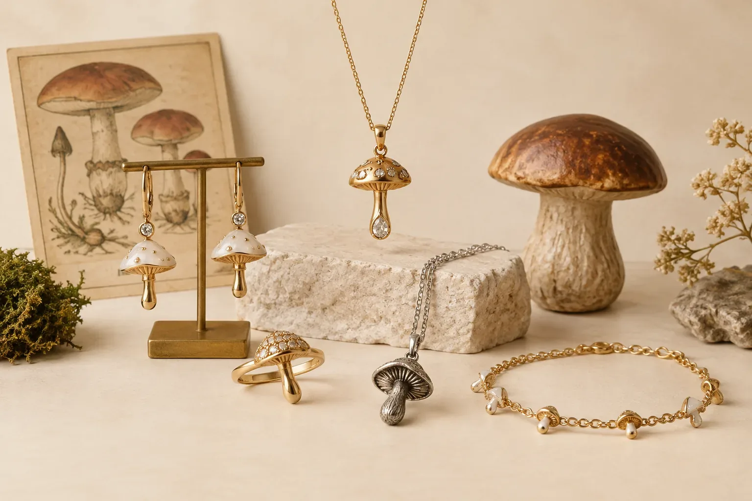 Editorial jewelry still life for Mushroom Jewelry Meaning: History, Symbolism, and Modern Wear