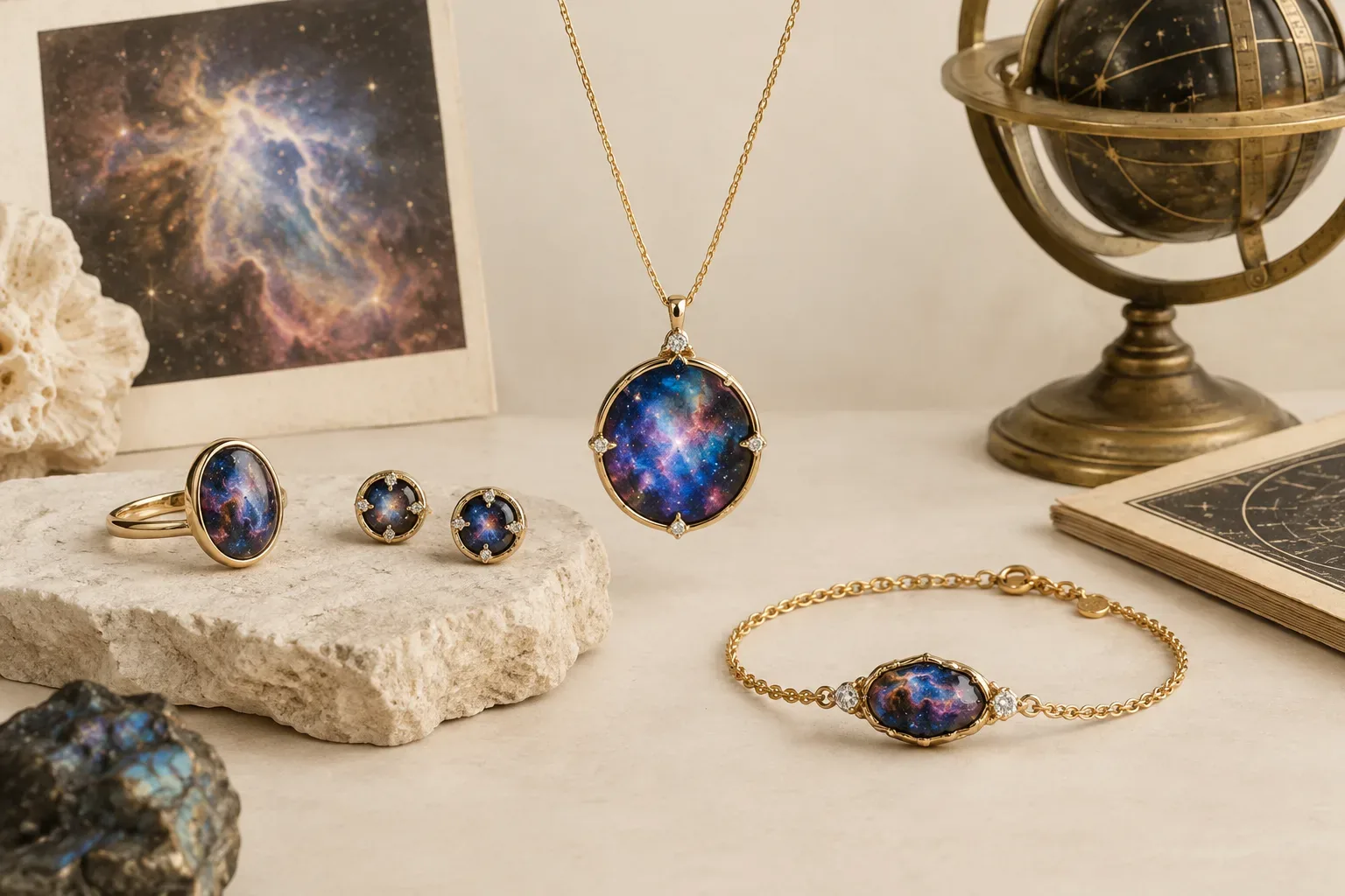 Editorial jewelry still life for Nebula Jewelry Meaning: History, Astronomy, and Modern Symbolism