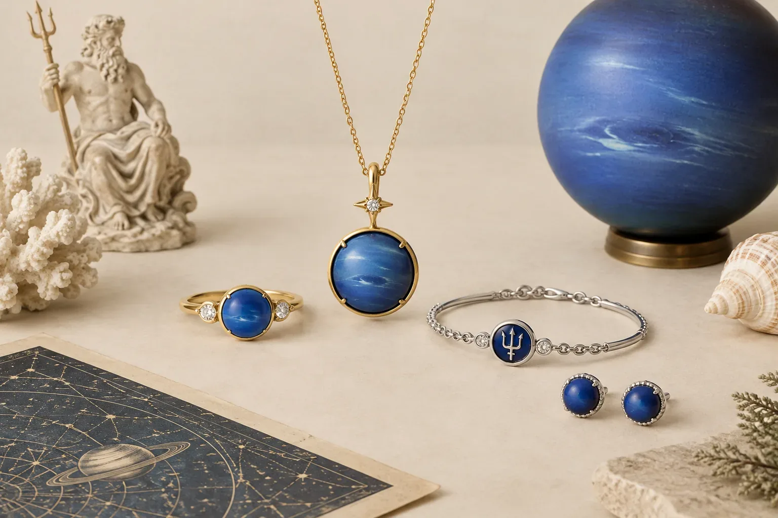 Editorial jewelry still life for Neptune Planet Jewelry Meaning: History, Astronomy, and Modern Symbolism