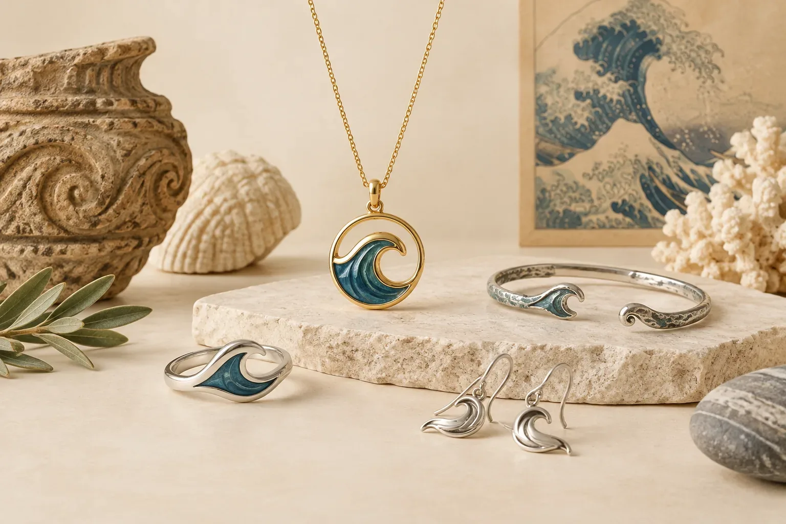 Editorial jewelry still life for Ocean Wave Jewelry Meaning: History, Symbolism, and Modern Wear