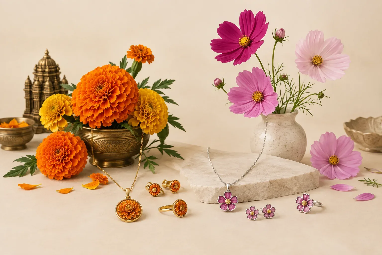 Editorial jewelry still life for October Birth Flower Meaning: Marigold and Cosmos Jewelry