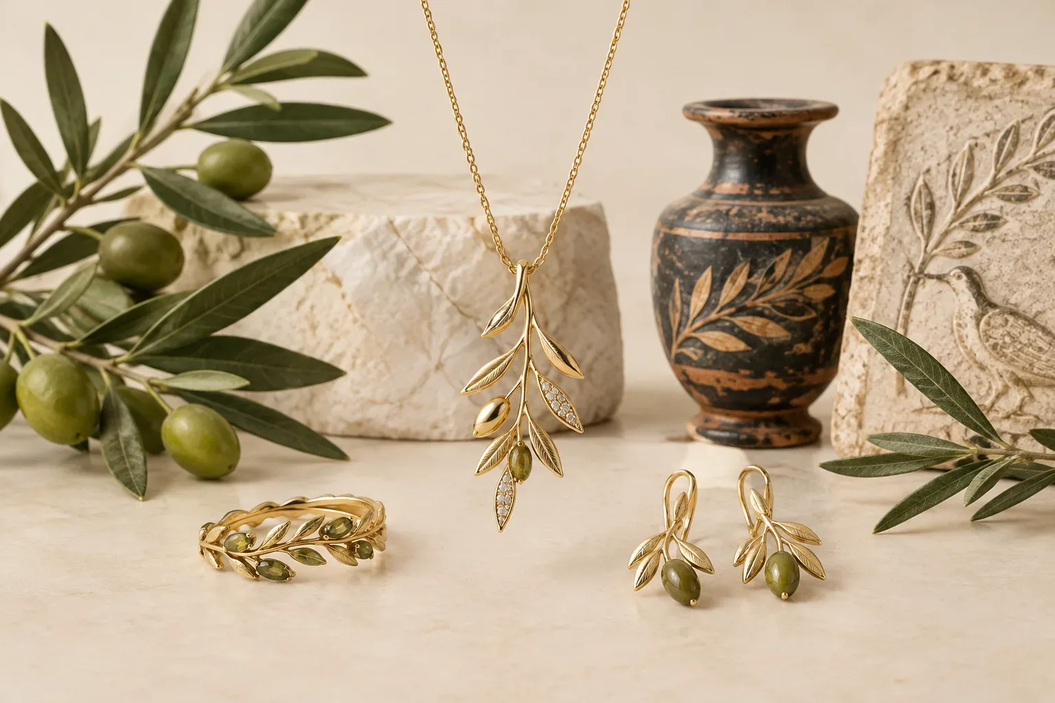 Editorial jewelry still life for Olive Branch Jewelry Meaning: History, Symbolism, and Modern Wear