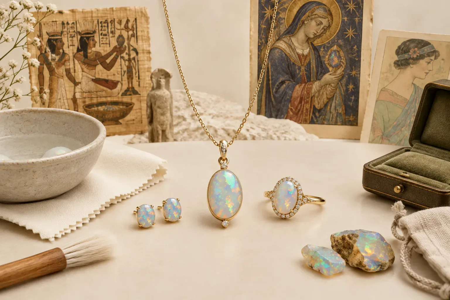 Editorial jewelry still life for Opal Jewelry Cleaning and Storage Guide: Safe Methods and Mistakes