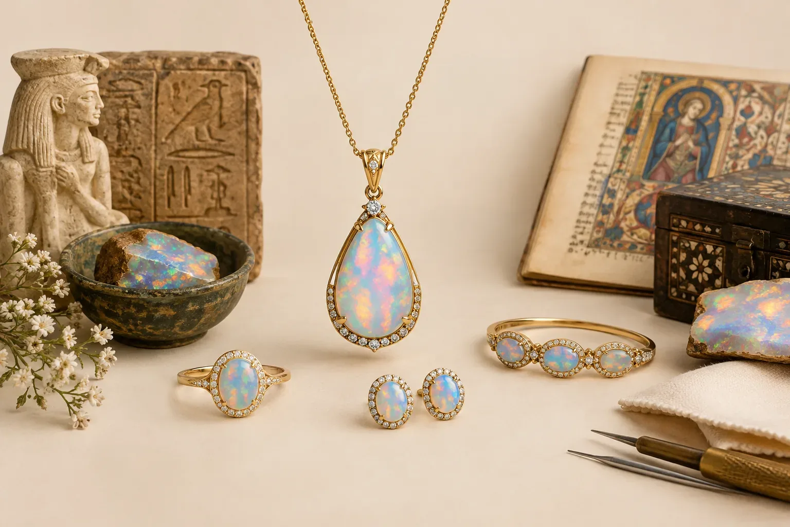 Editorial jewelry still life for Opal Jewelry Repair and Maintenance Guide: Warning Signs and Professional Help