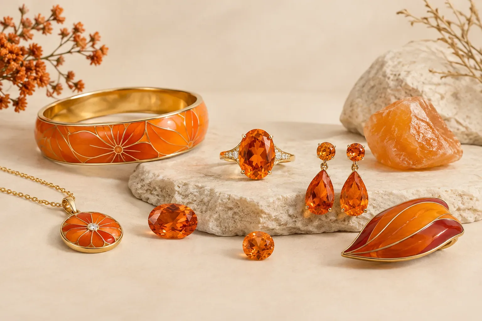 Editorial jewelry still life for Orange Jewelry Meaning: Gemstones, Enamel, and Modern Style