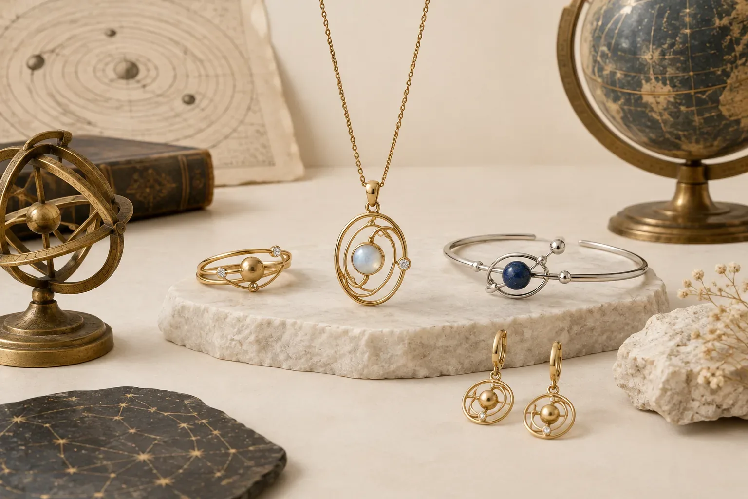 Editorial jewelry still life for Orbit Jewelry Meaning: History, Astronomy, and Modern Symbolism
