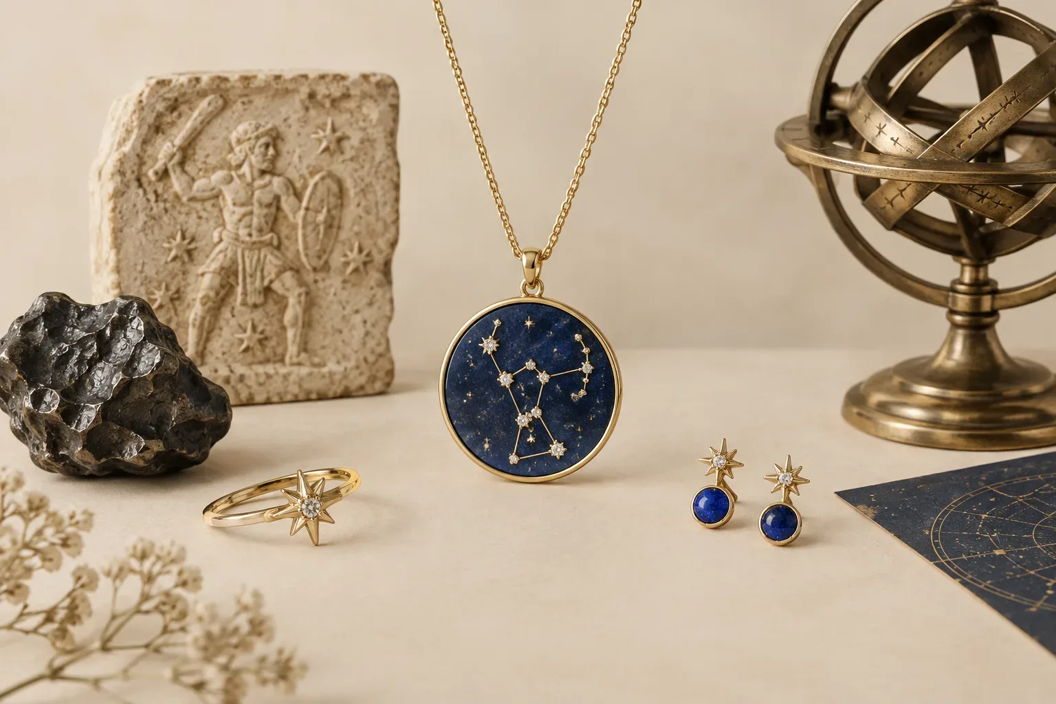 Editorial jewelry still life for Orion Jewelry Meaning: History, Astronomy, and Modern Symbolism