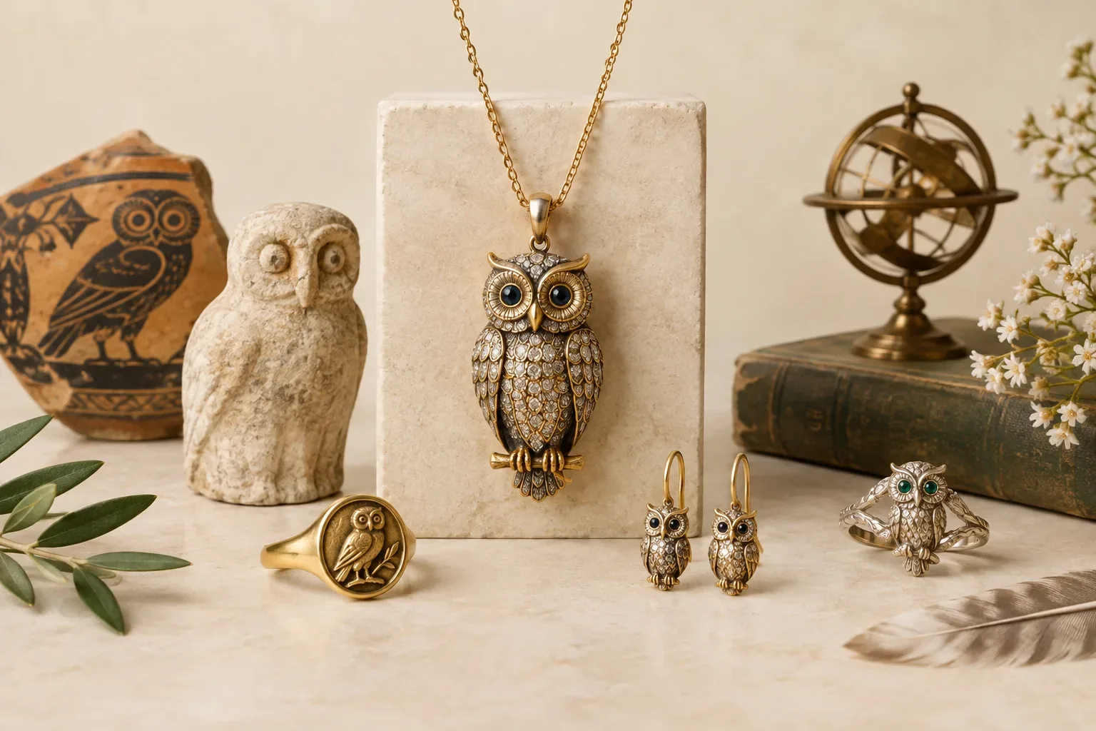 Editorial jewelry still life for Owl Jewelry Meaning: History, Symbolism, and Modern Wear