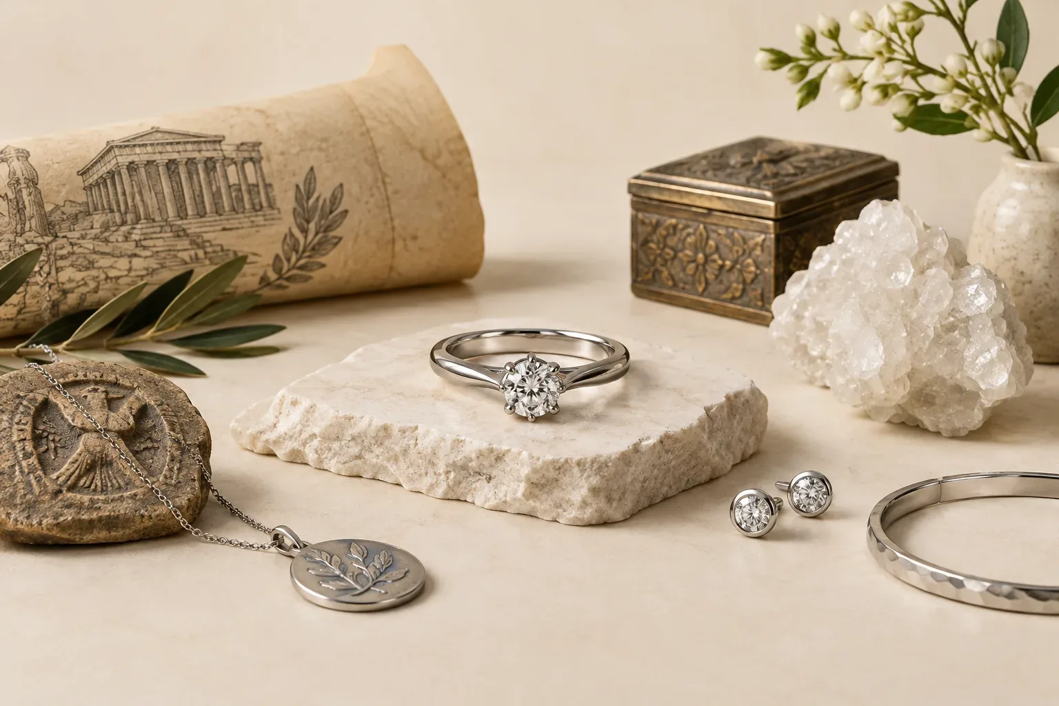 Editorial jewelry still life for Palladium Jewelry Buying Guide: Quality, Price, and Best Uses