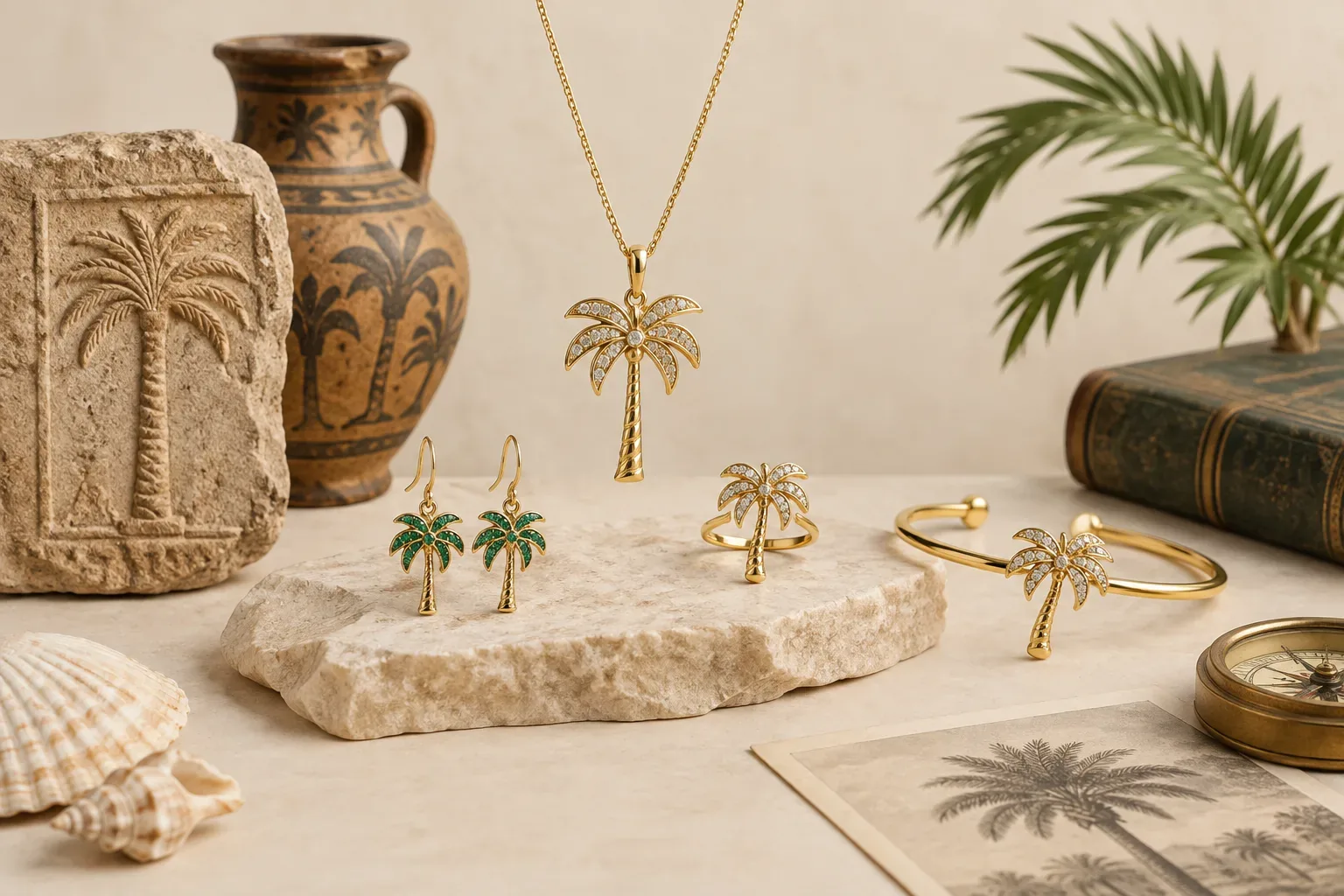 Editorial jewelry still life for Palm Tree Jewelry Meaning: History, Symbolism, and Modern Wear