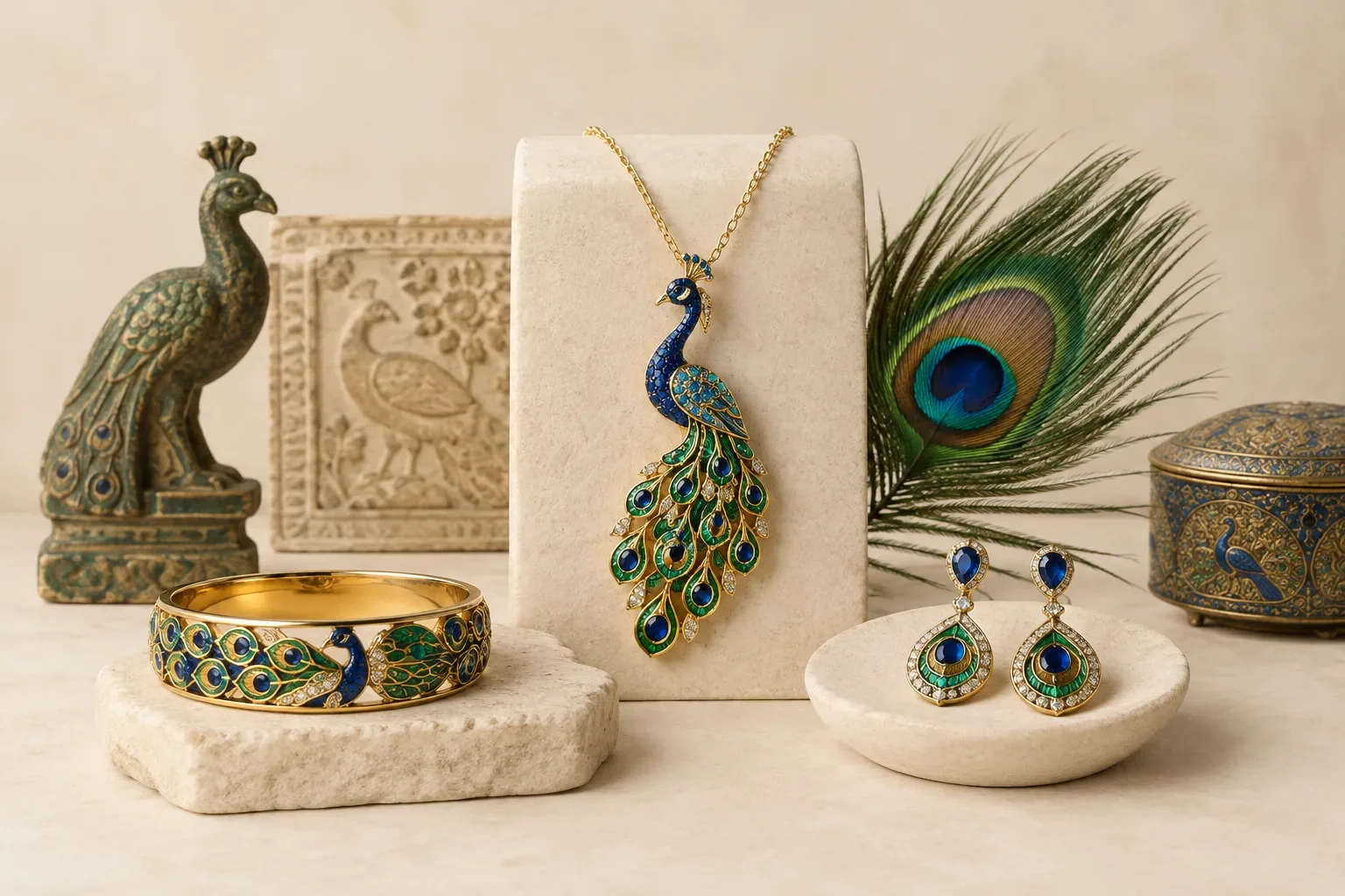 Editorial jewelry still life for Peacock Jewelry Meaning: History, Symbolism, and Modern Wear
