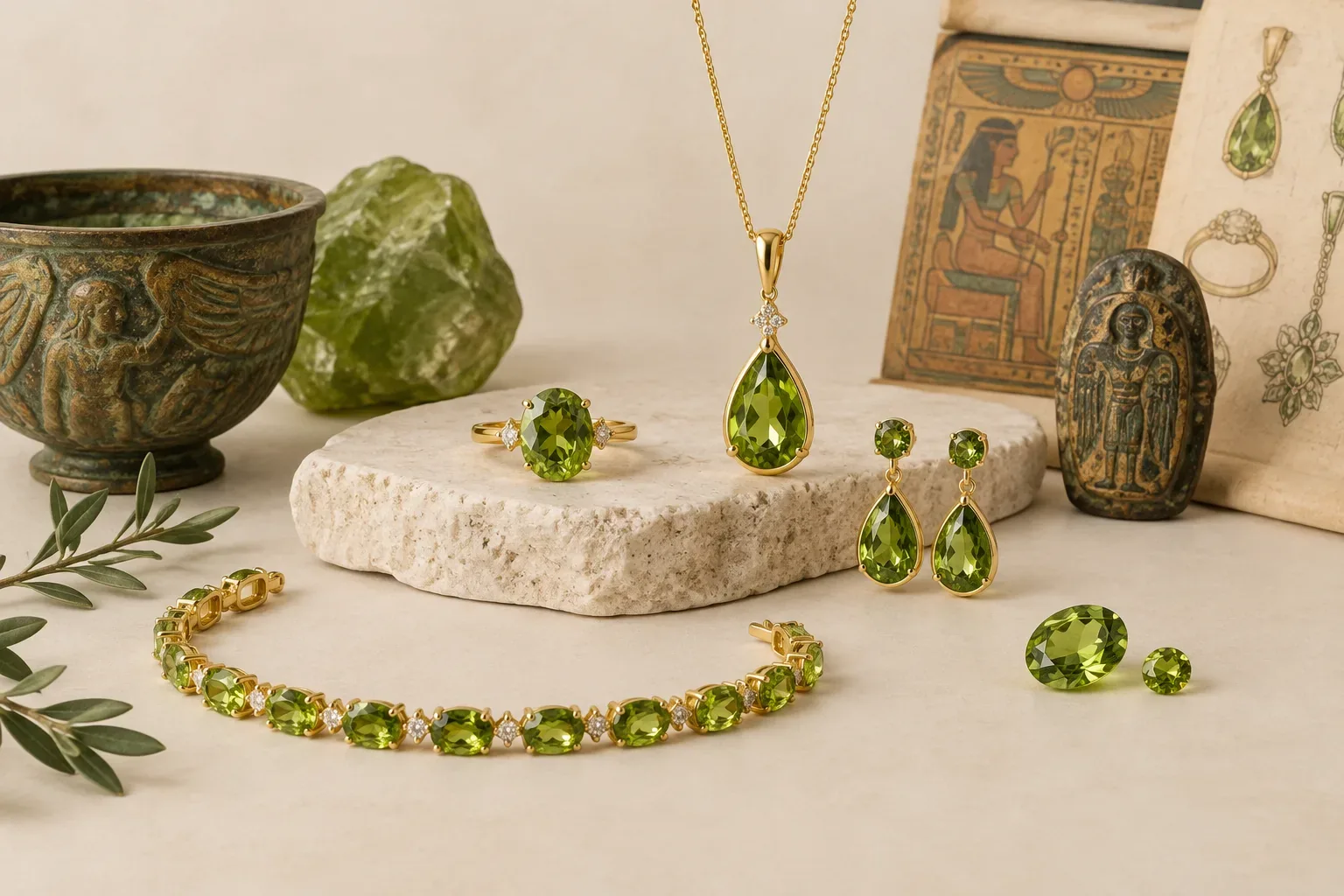 Editorial jewelry still life for Peridot Cuts and Settings: Choosing Beauty and Durability