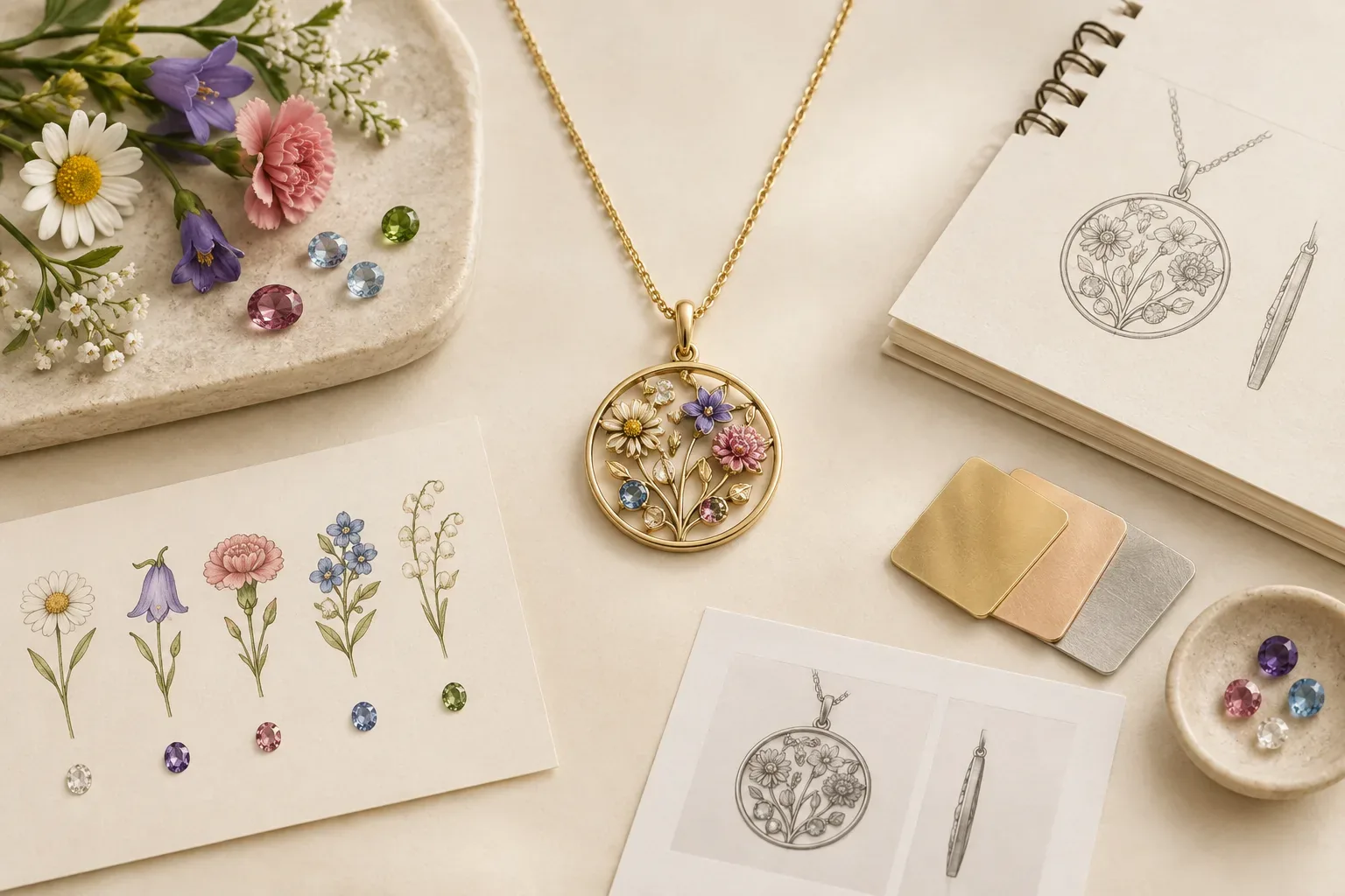 Editorial jewelry still life for Personalized Birth Flower Jewelry: Names, Dates, and Design Planning