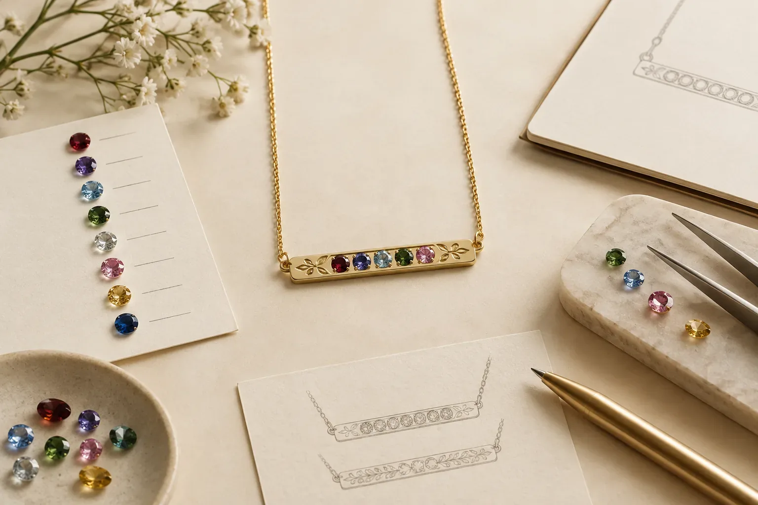 Editorial jewelry still life for Personalized Birthstone Jewelry: Names, Engraving, and Stone Planning