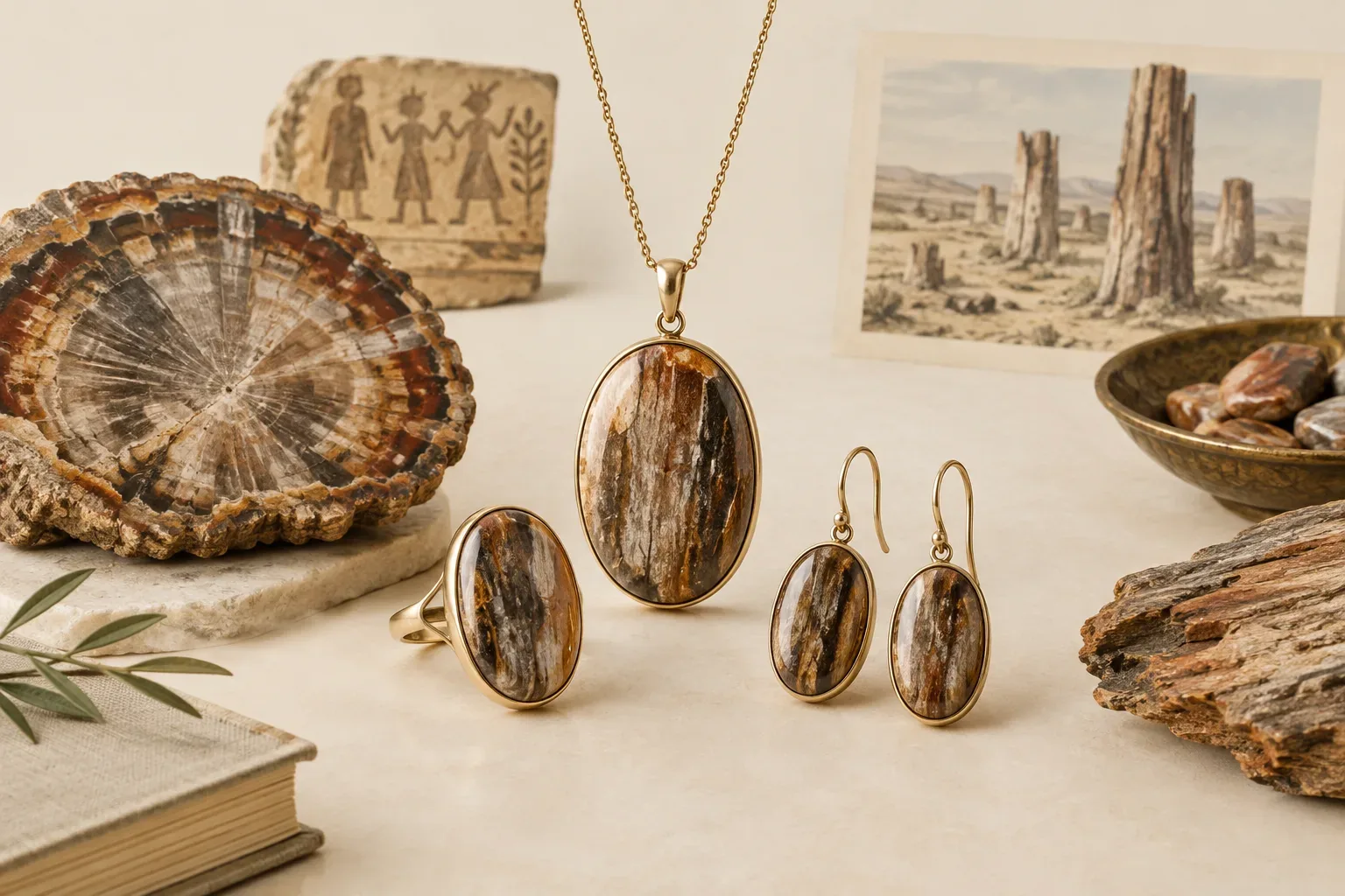 Editorial jewelry still life for Petrified Wood Jewelry Buying Guide: Authenticity, Treatment, and Care