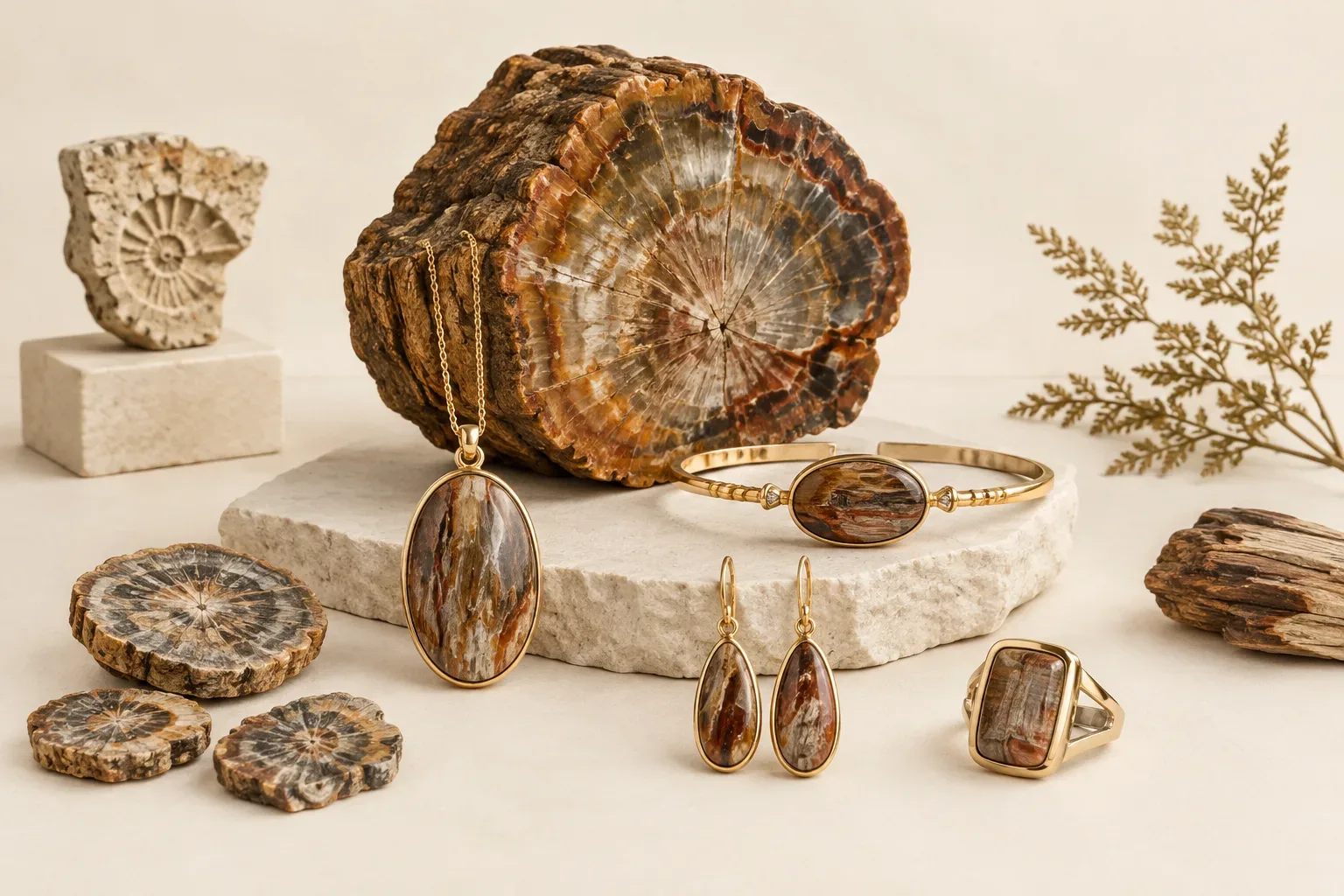 Editorial jewelry still life for Petrified Wood Jewelry Guide: Natural History, Meaning, and Responsible Wear