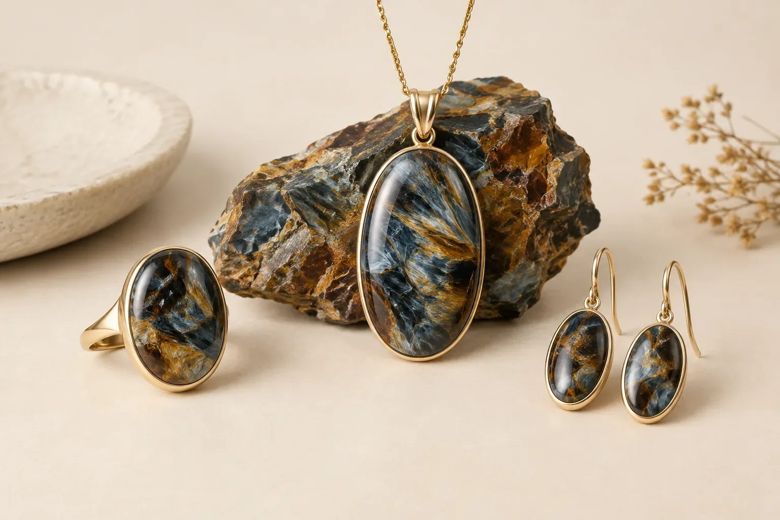 Editorial jewelry still life for Pietersite Jewelry Meaning: Chatoyancy, Buying, and Care