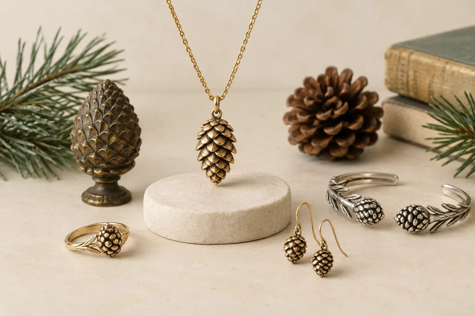 Editorial jewelry still life for Pinecone Jewelry Meaning: History, Symbolism, and Modern Wear