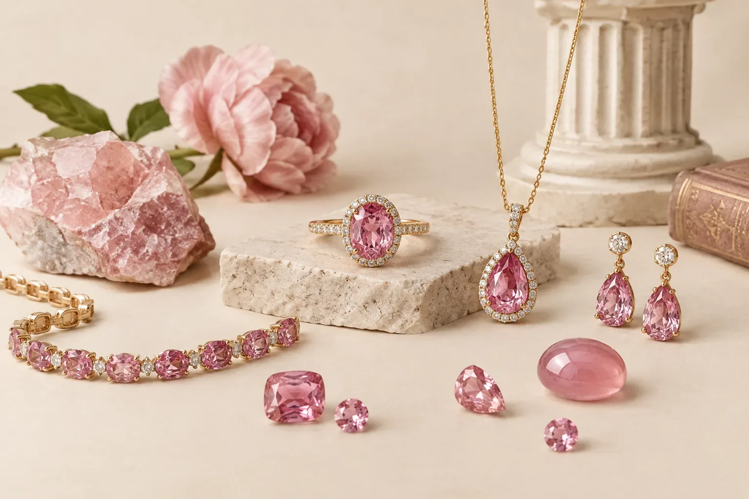 Editorial jewelry still life for Pink Jewelry Meaning: Gemstones, History, and Modern Style